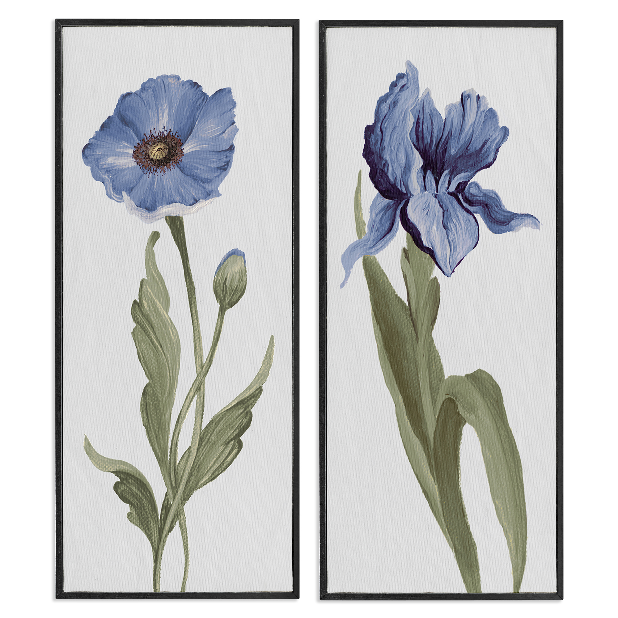 Stupell Industries Blue Poppy and Iris Flowers Plants & Flowers Painting Black Framed Art Print Wall Art, 13 x 30, Set of 2