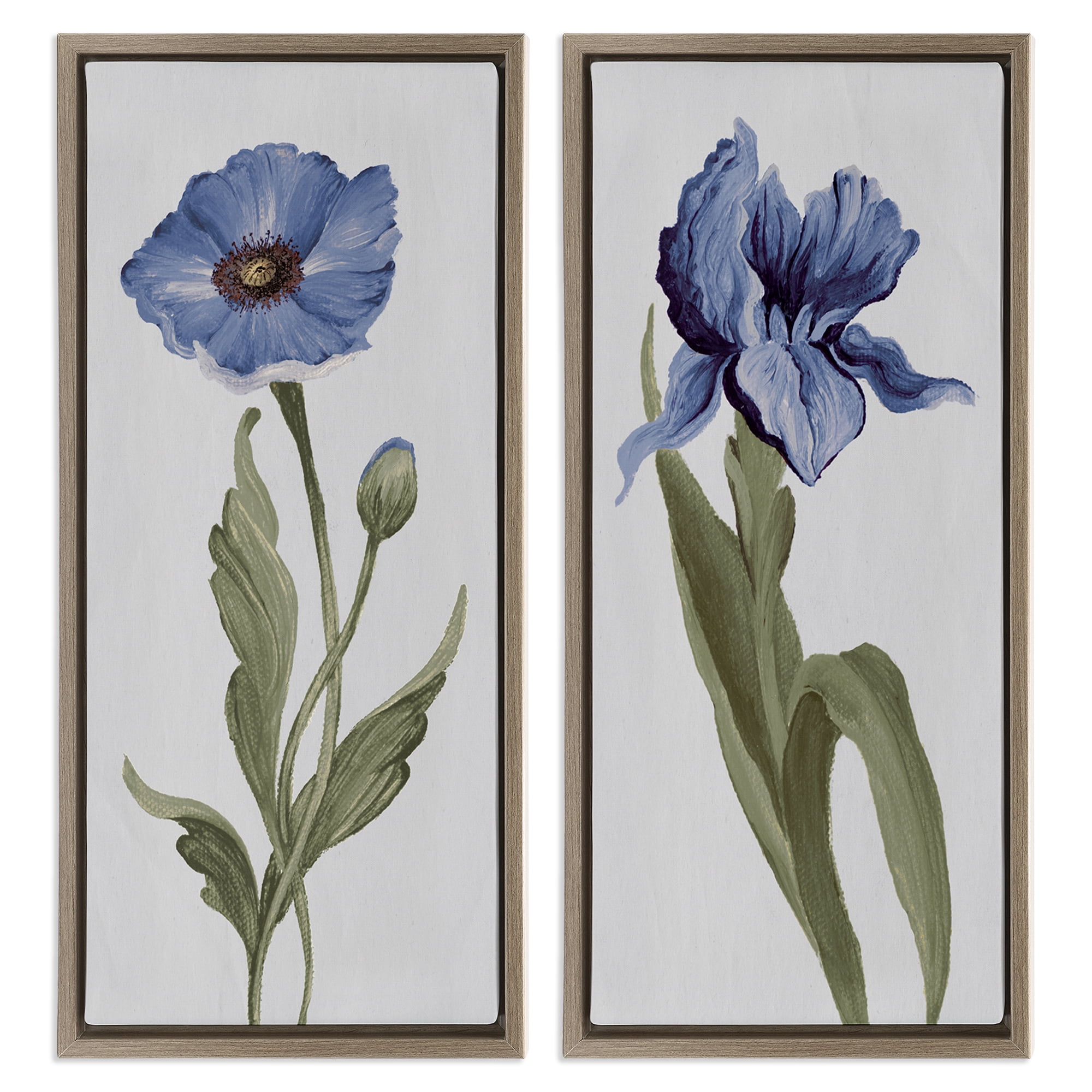 Stupell Industries Blue Poppy and Iris Flowers Plants & Flowers Painting Brown Floater Framed Canvas Art Print Wall Art, 11 x 25, Set of 2