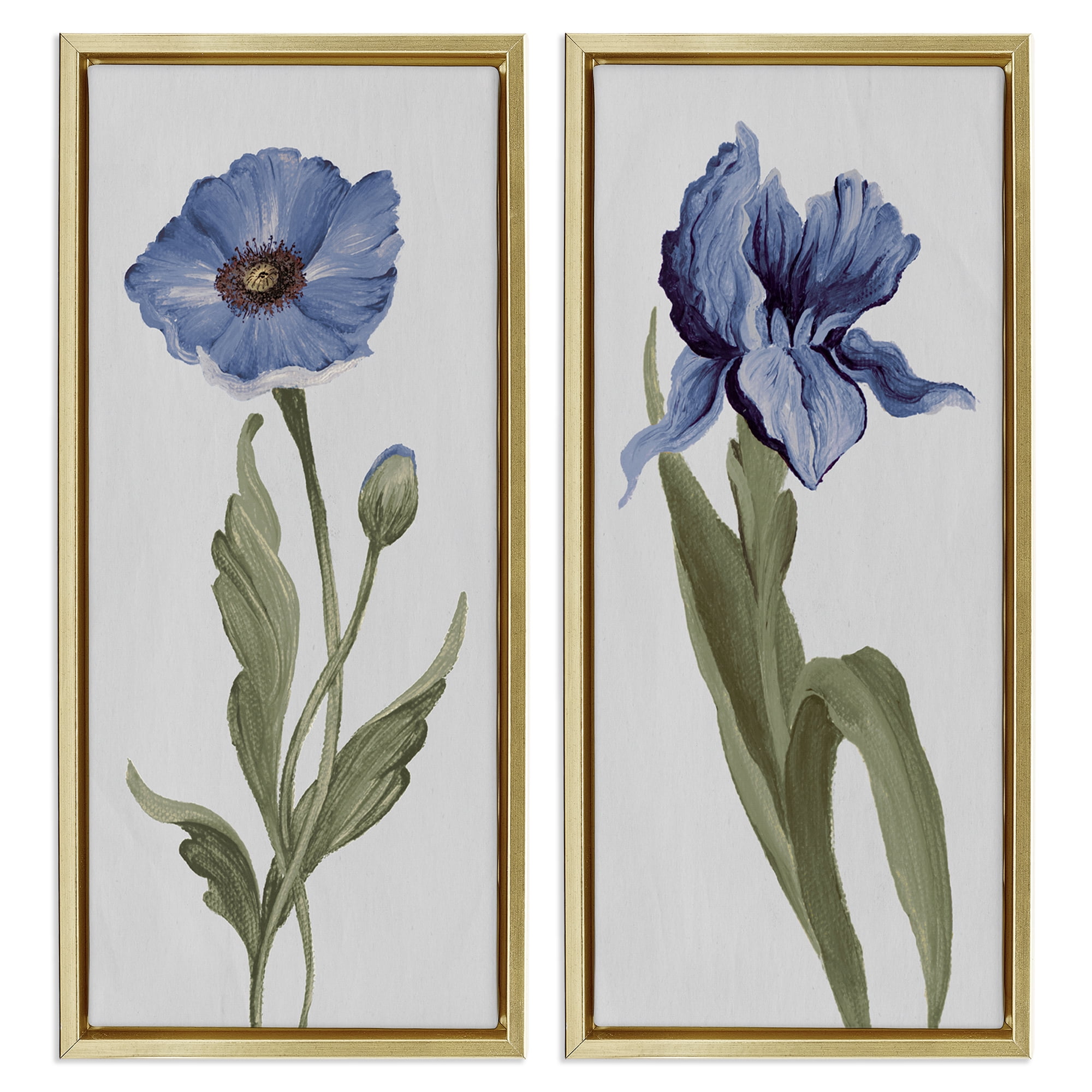 Stupell Industries Blue Poppy and Iris Flowers Plants & Flowers Painting Gold Floater Framed Canvas Art Print Wall Art, 11 x 25, Set of 2