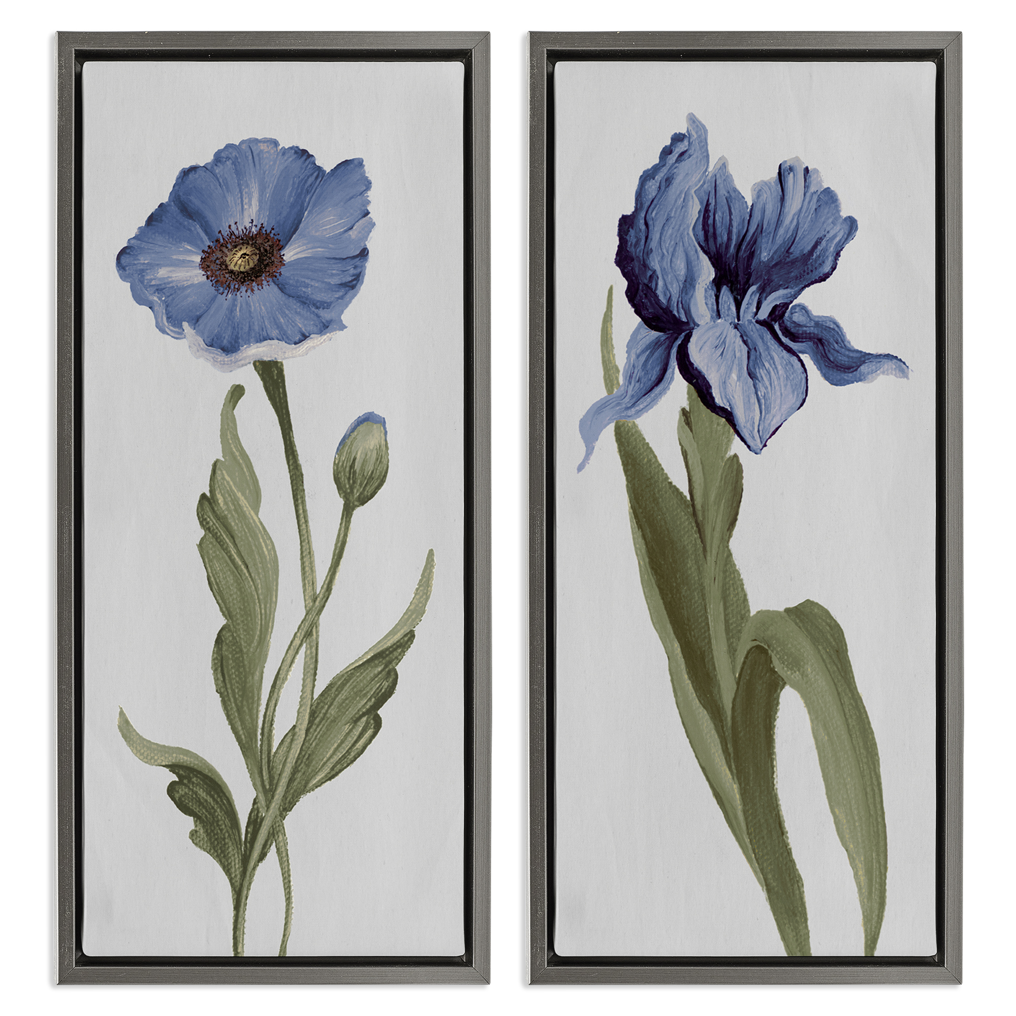 Stupell Industries Blue Poppy and Iris Flowers Plants & Flowers Painting Gray Floater Framed Canvas Art Print Wall Art, 14 x 31, Set of 2