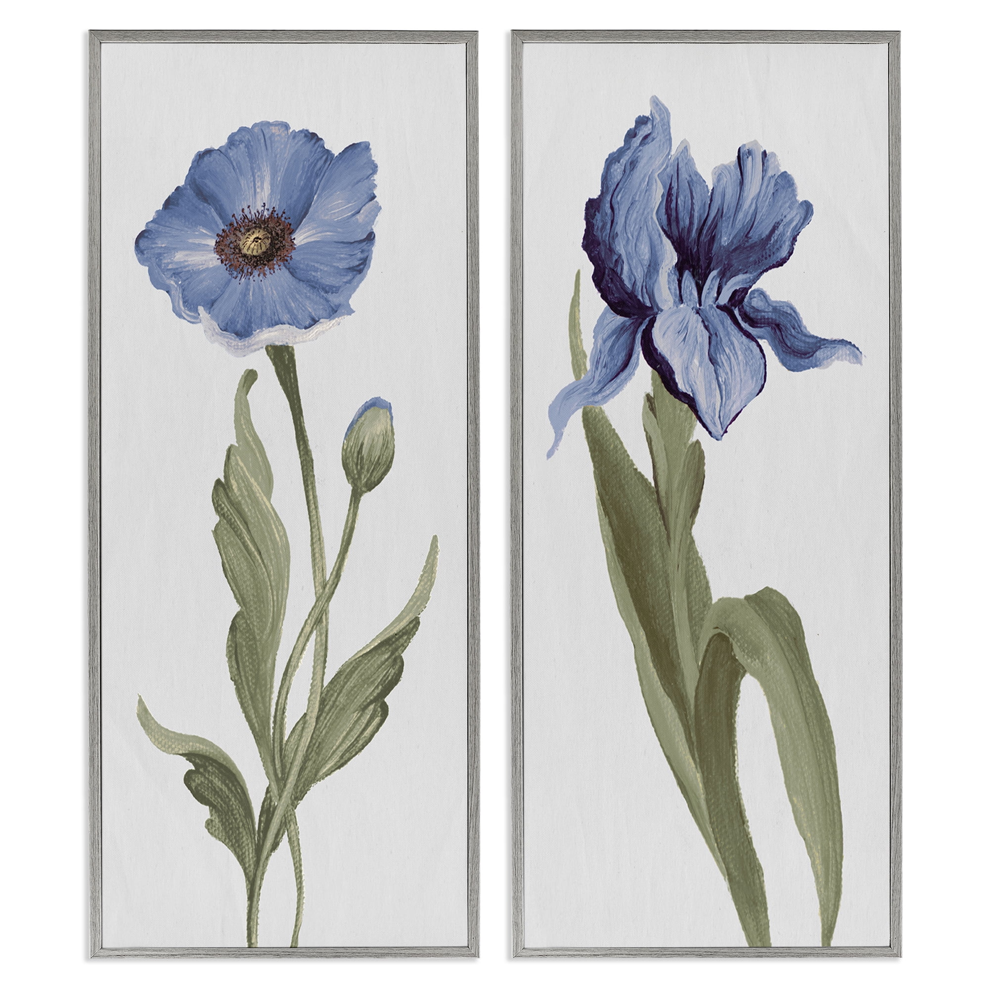 Stupell Industries Blue Poppy and Iris Flowers Plants & Flowers Painting Gray Framed Art Print Wall Art, 10 x 24, Set of 2