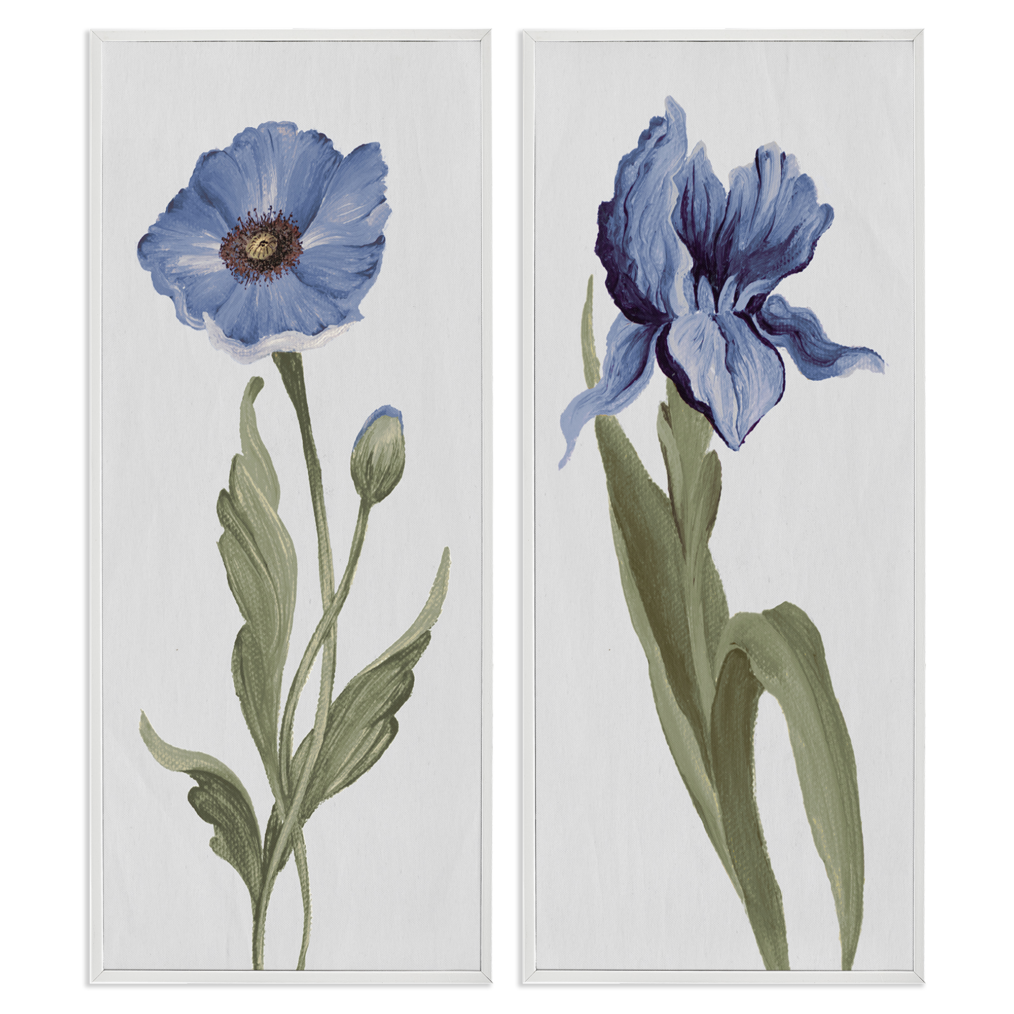 Stupell Industries Blue Poppy and Iris Flowers Plants & Flowers Painting White Framed Art Print Wall Art, 13 x 30, Set of 2
