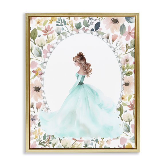 Stupell Industries Blue Princess with Pearl Border Gold Framed Floater Canvas Wall Art, design by Christine Simpson Art
