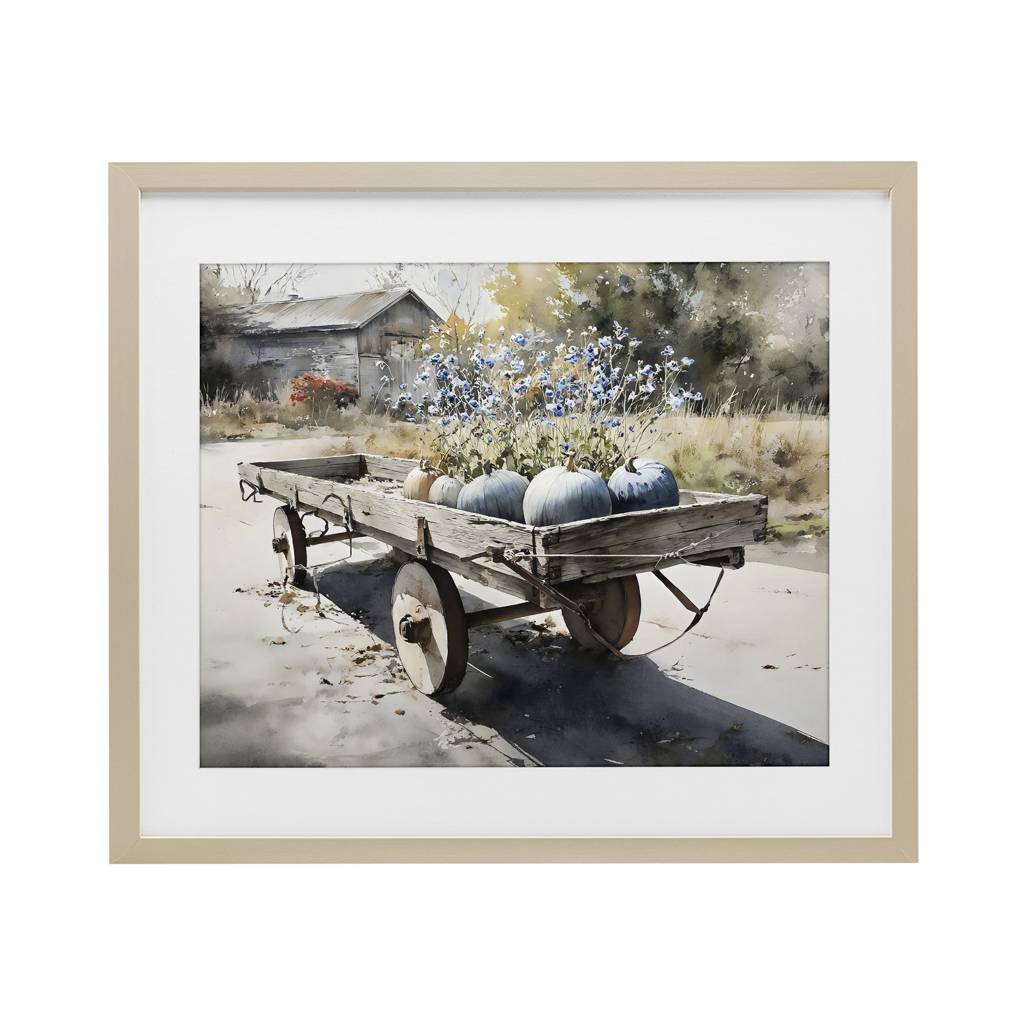 Stupell Industries Blue Pumpkin Wagon in Sunlight Birch Framed Print Under Glass, design by Franklyn Gregory