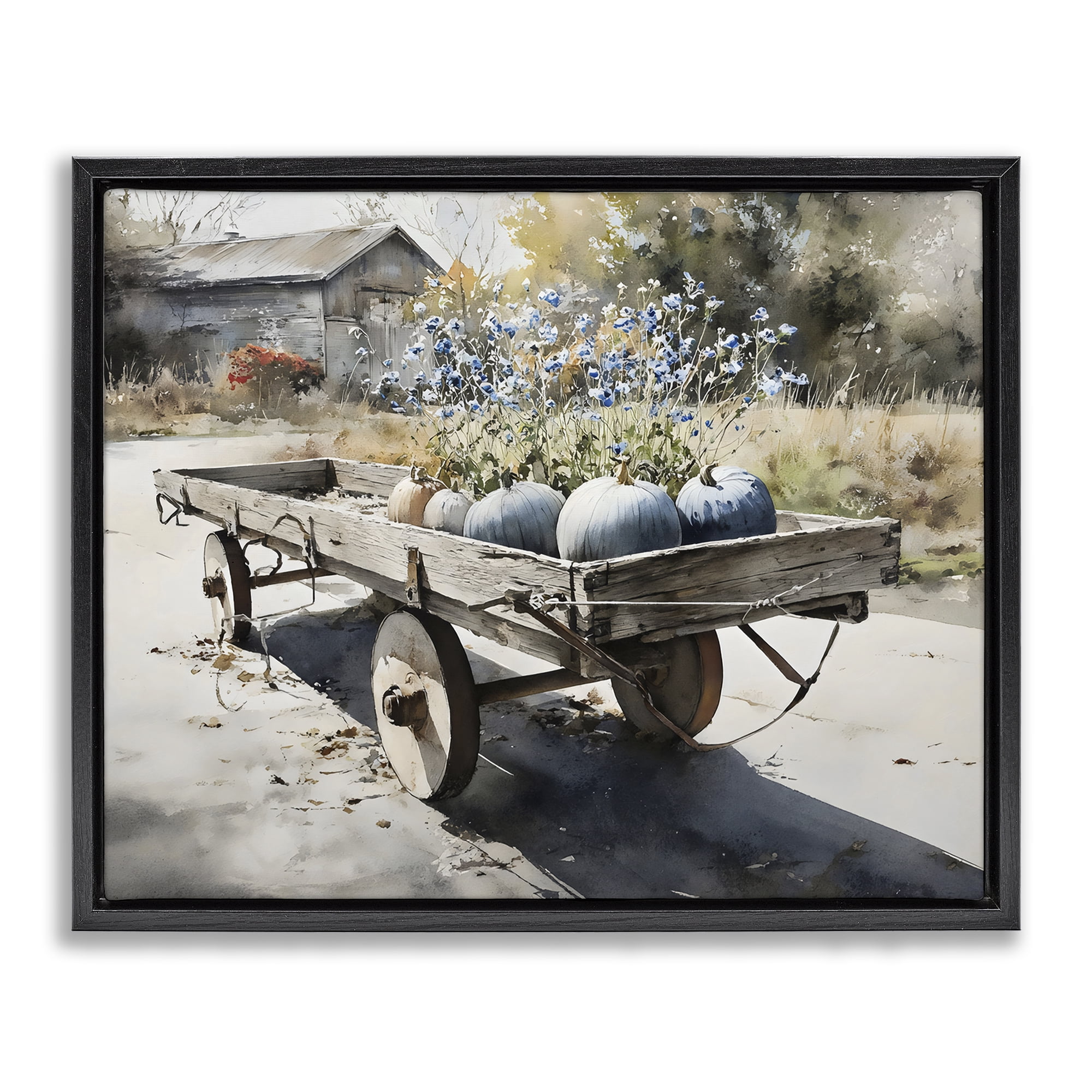 Stupell Industries Blue Pumpkin Wagon in Sunlight Black Framed Floater Canvas Wall Art, design by Franklyn Gregory