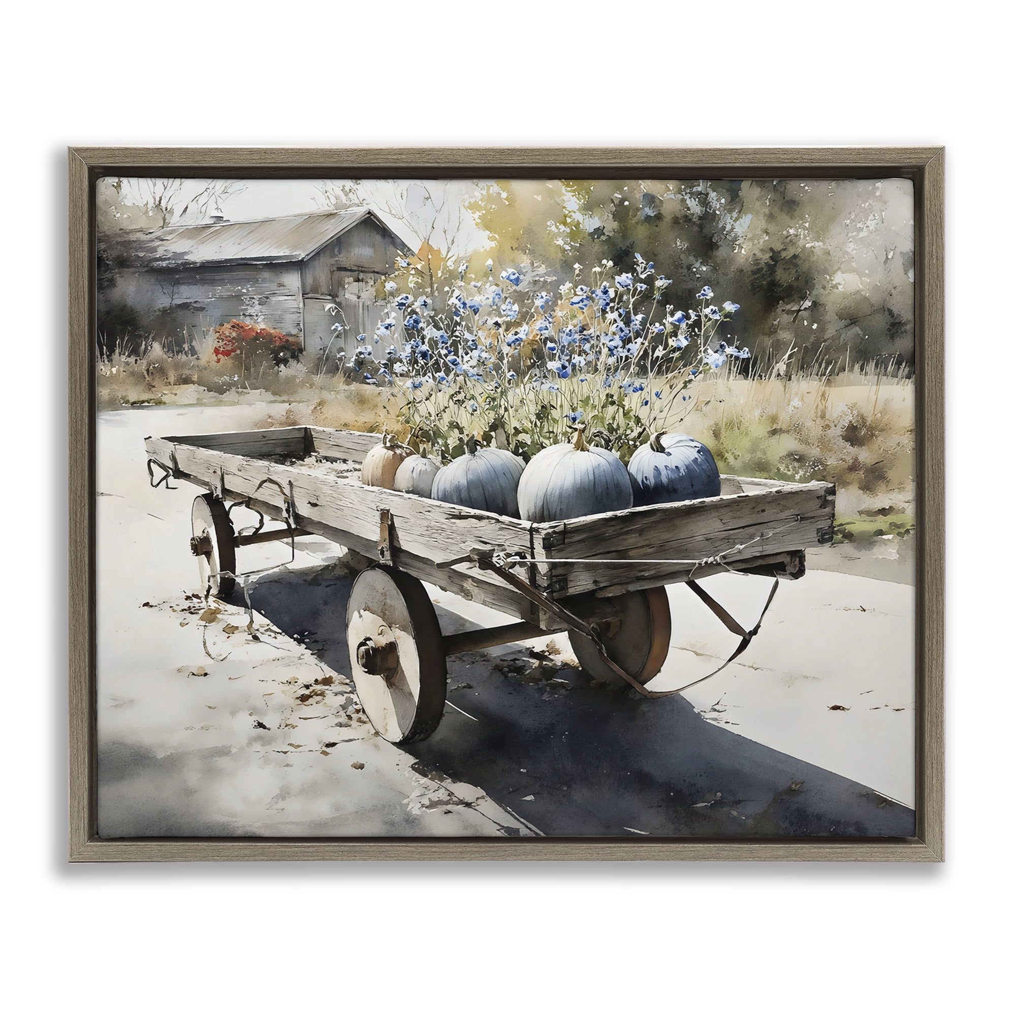 Stupell Industries Blue Pumpkin Wagon in Sunlight Brown Framed Floater Canvas Wall Art, design by Franklyn Gregory