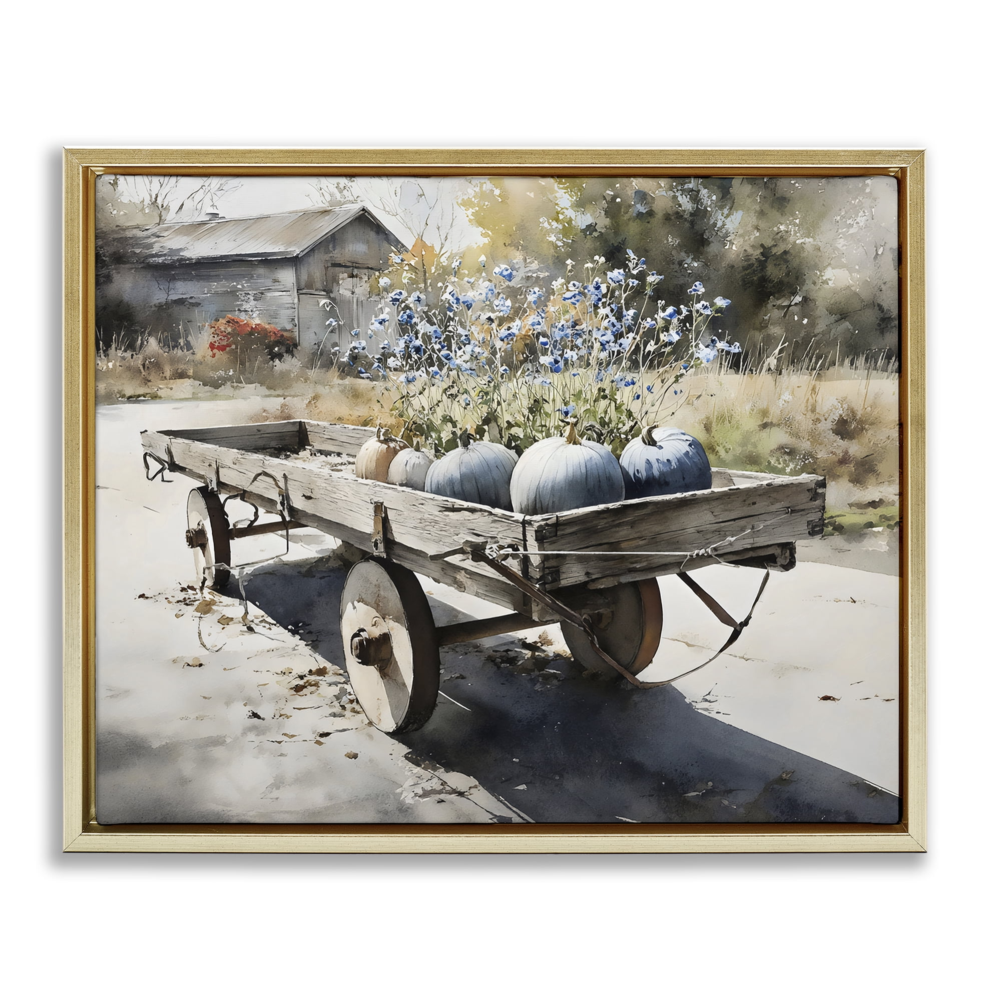 Stupell Industries Blue Pumpkin Wagon in Sunlight Gold Framed Floater Canvas Wall Art, design by Franklyn Gregory