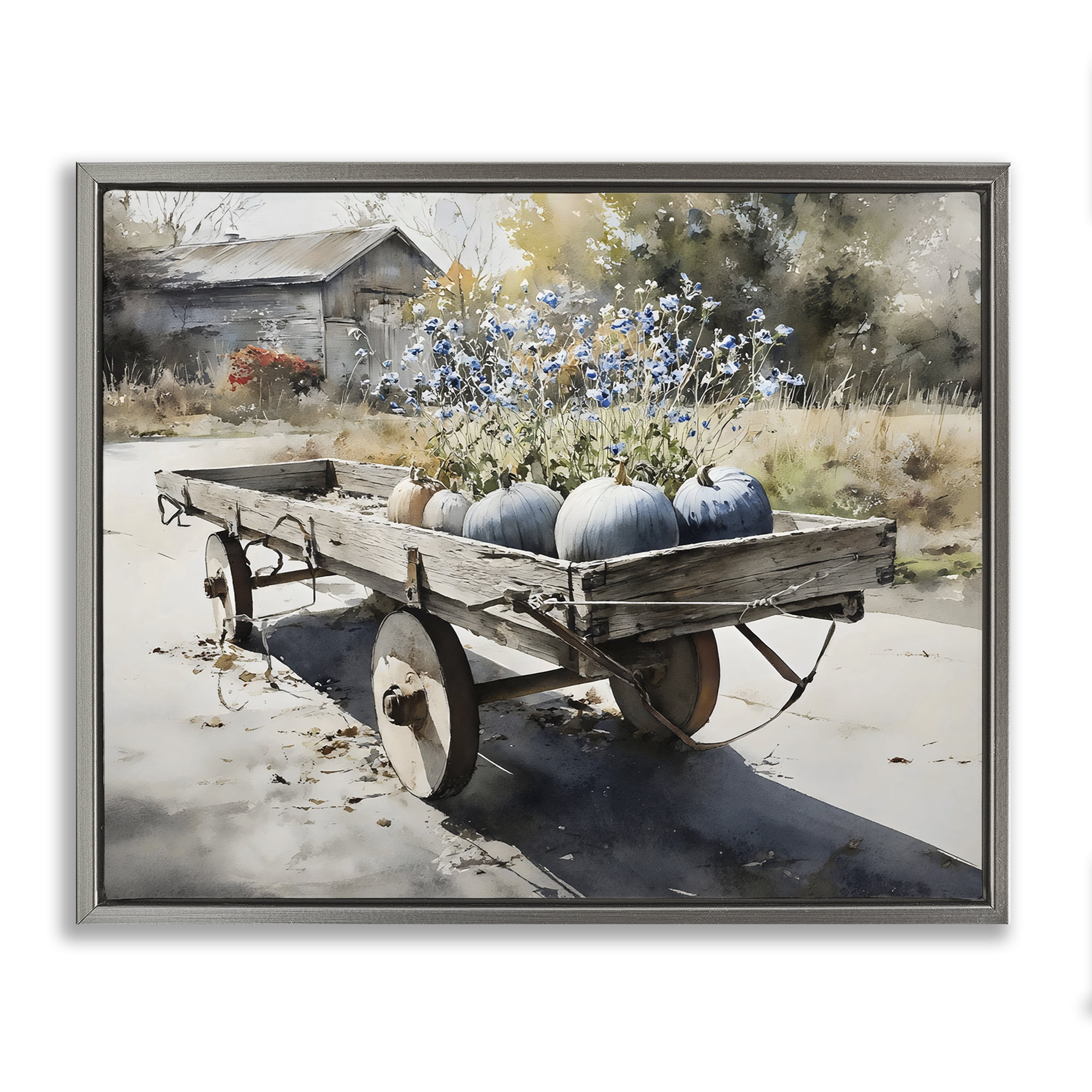 Stupell Industries Blue Pumpkin Wagon in Sunlight Gray Framed Floater Canvas Wall Art, design by Franklyn Gregory