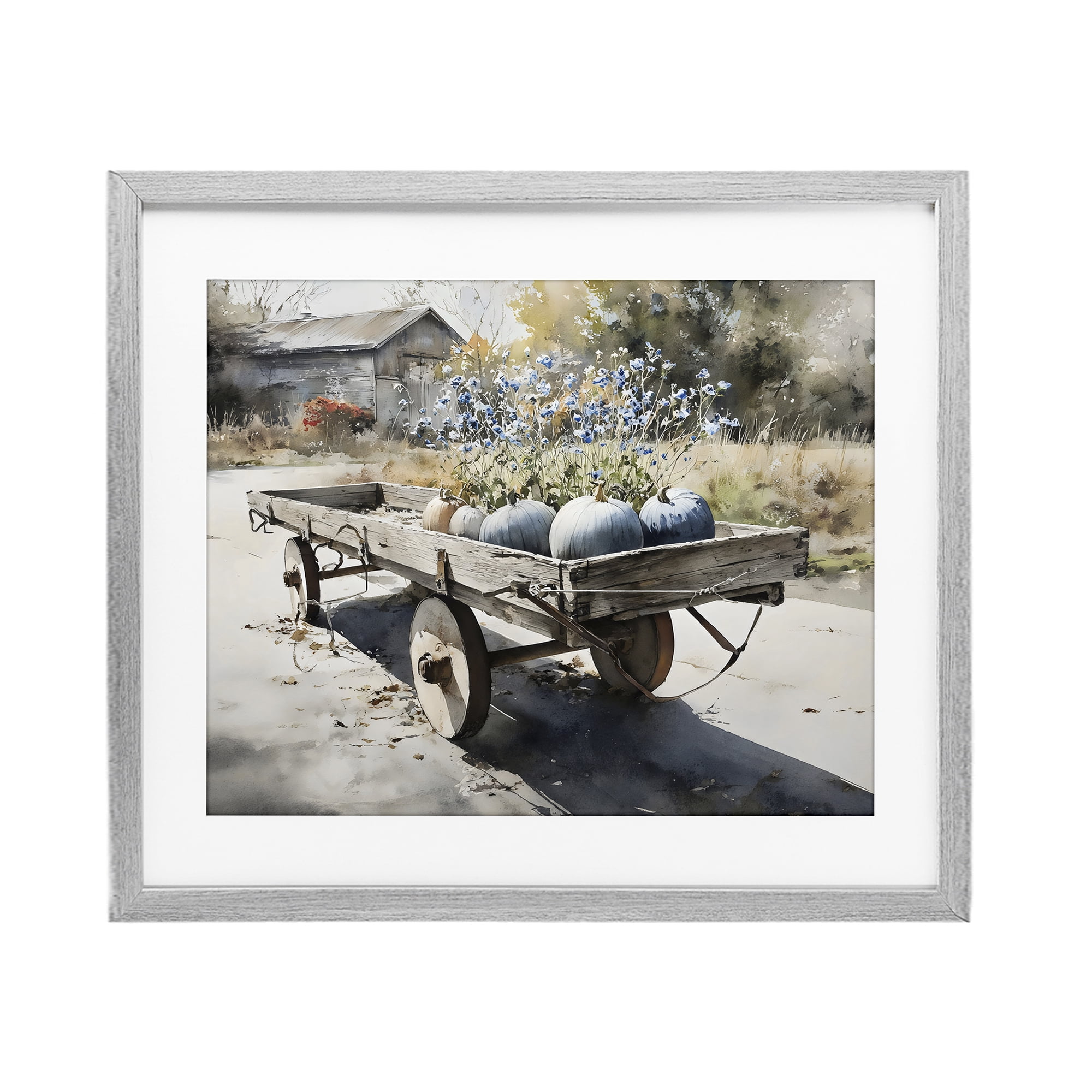 Stupell Industries Blue Pumpkin Wagon in Sunlight Gray Framed Print Under Glass, design by Franklyn Gregory