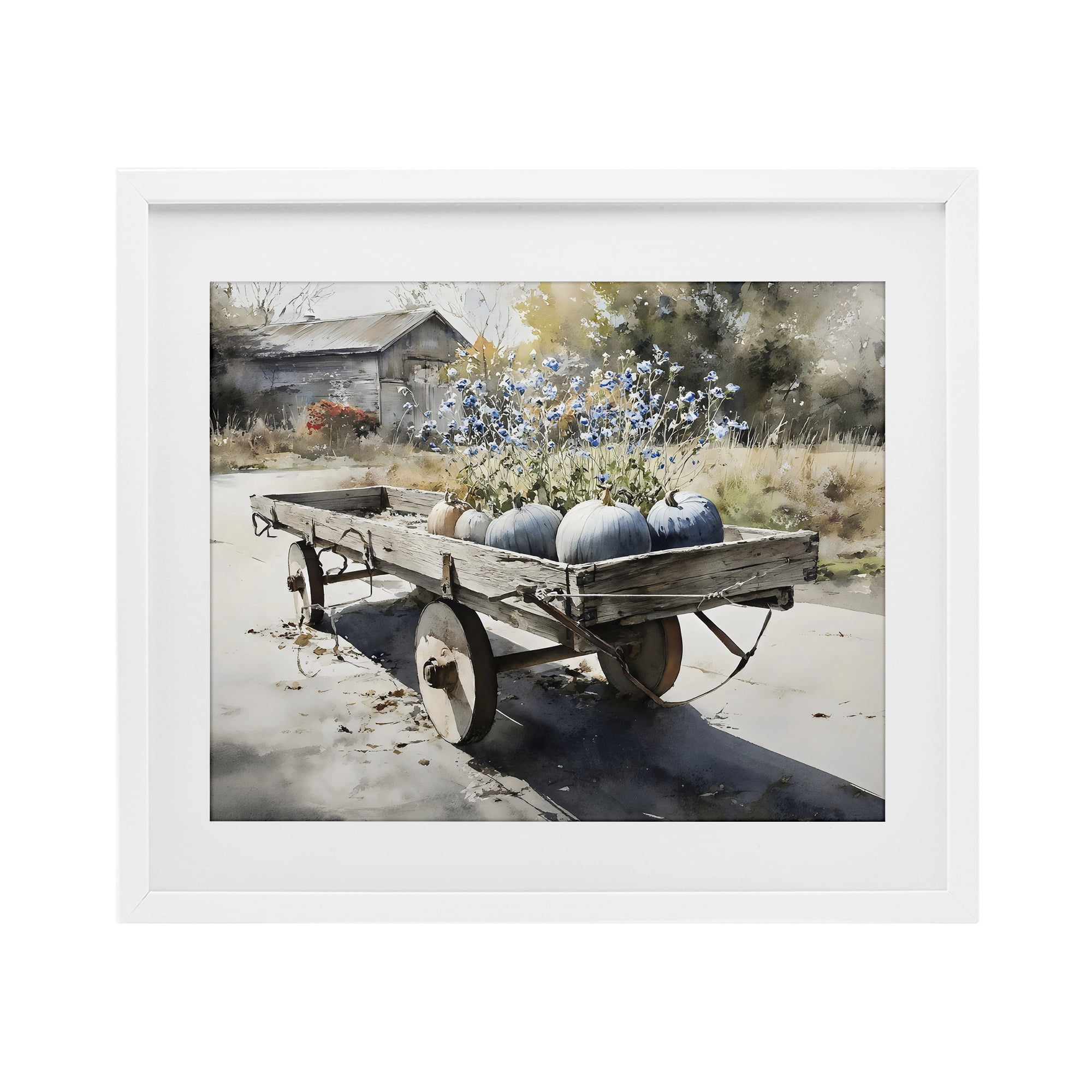 Stupell Industries Blue Pumpkin Wagon in Sunlight White Framed Print Under Glass, design by Franklyn Gregory