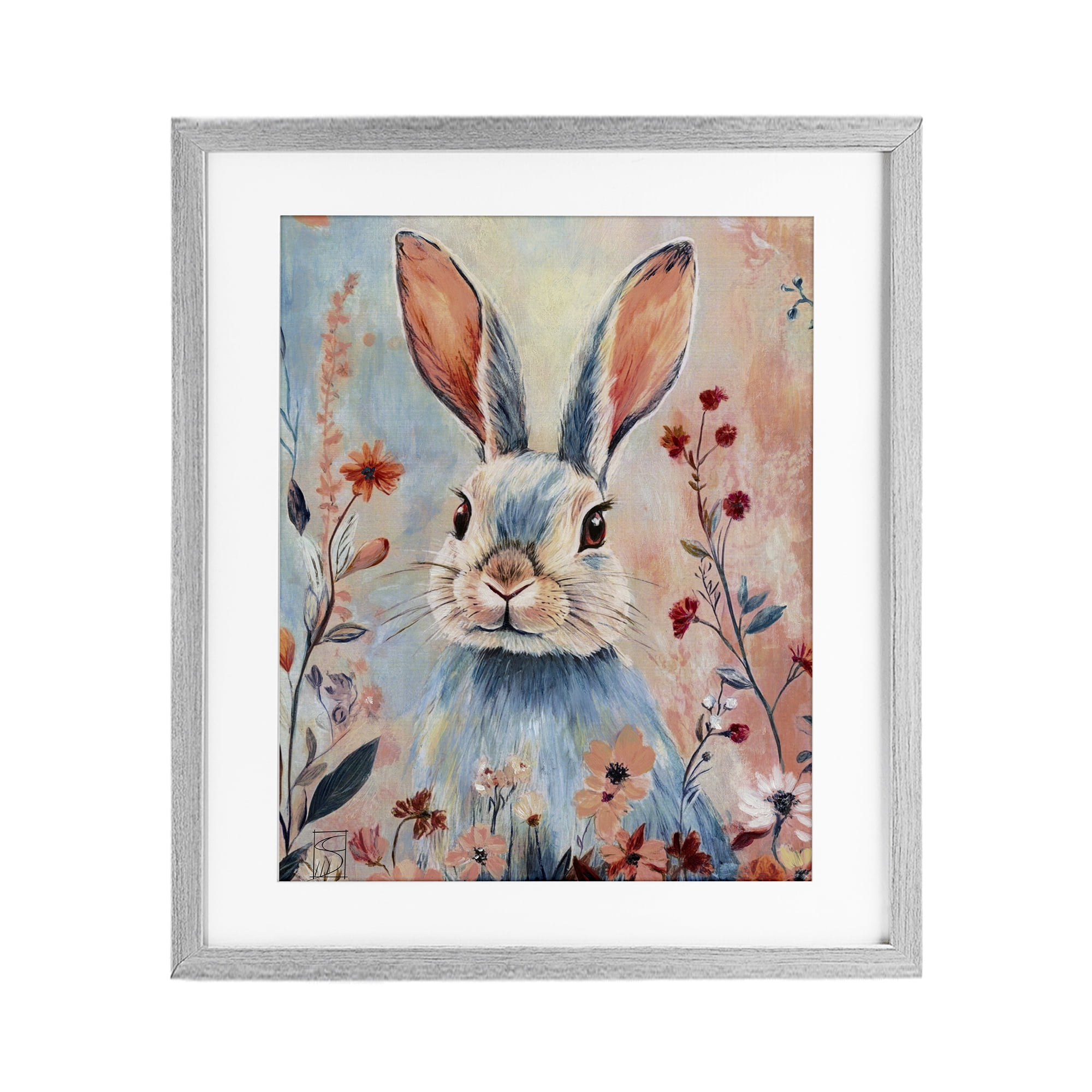 Stupell Industries Blue Rabbit & Wildflowers Gray Framed Print Under Glass, design by Sara Culpepper