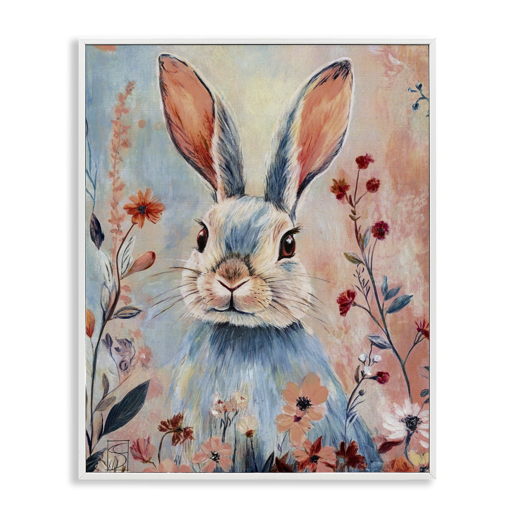 Stupell Industries Blue Rabbit & Wildflowers White Framed Giclee Art, design by Sara Culpepper