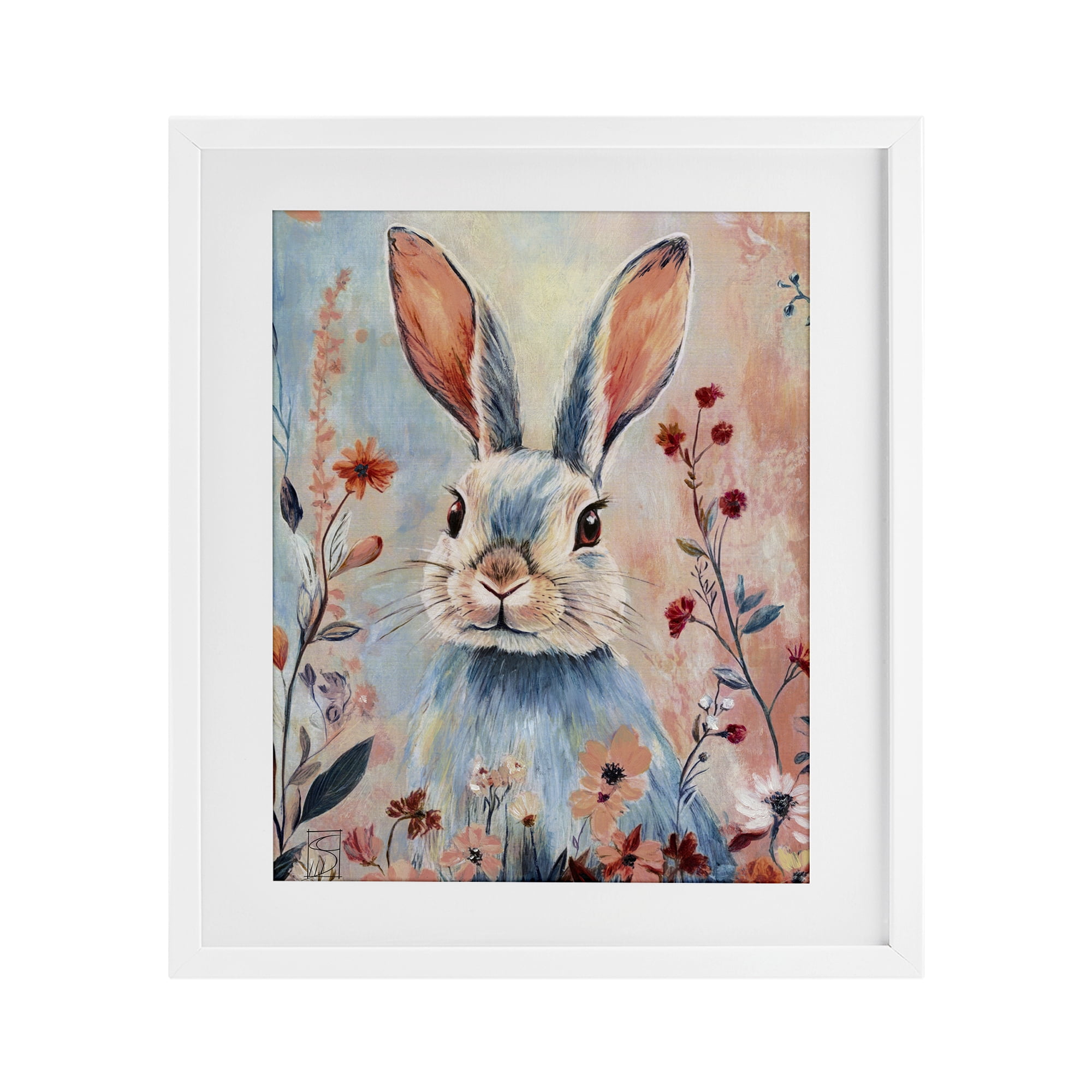 Stupell Industries Blue Rabbit & Wildflowers White Framed Print Under Glass, design by Sara Culpepper