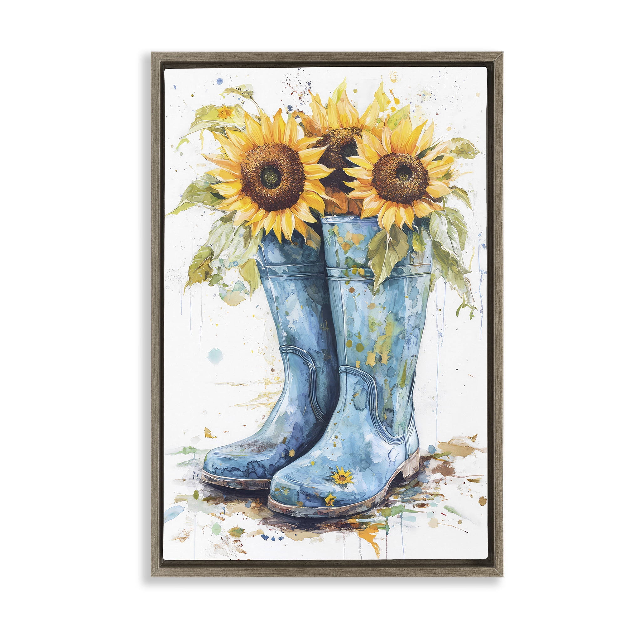 Stupell Industries Blue Rain Boots & Sunflowers Brown Framed Floater Canvas Wall Art, design by Tina LeCour