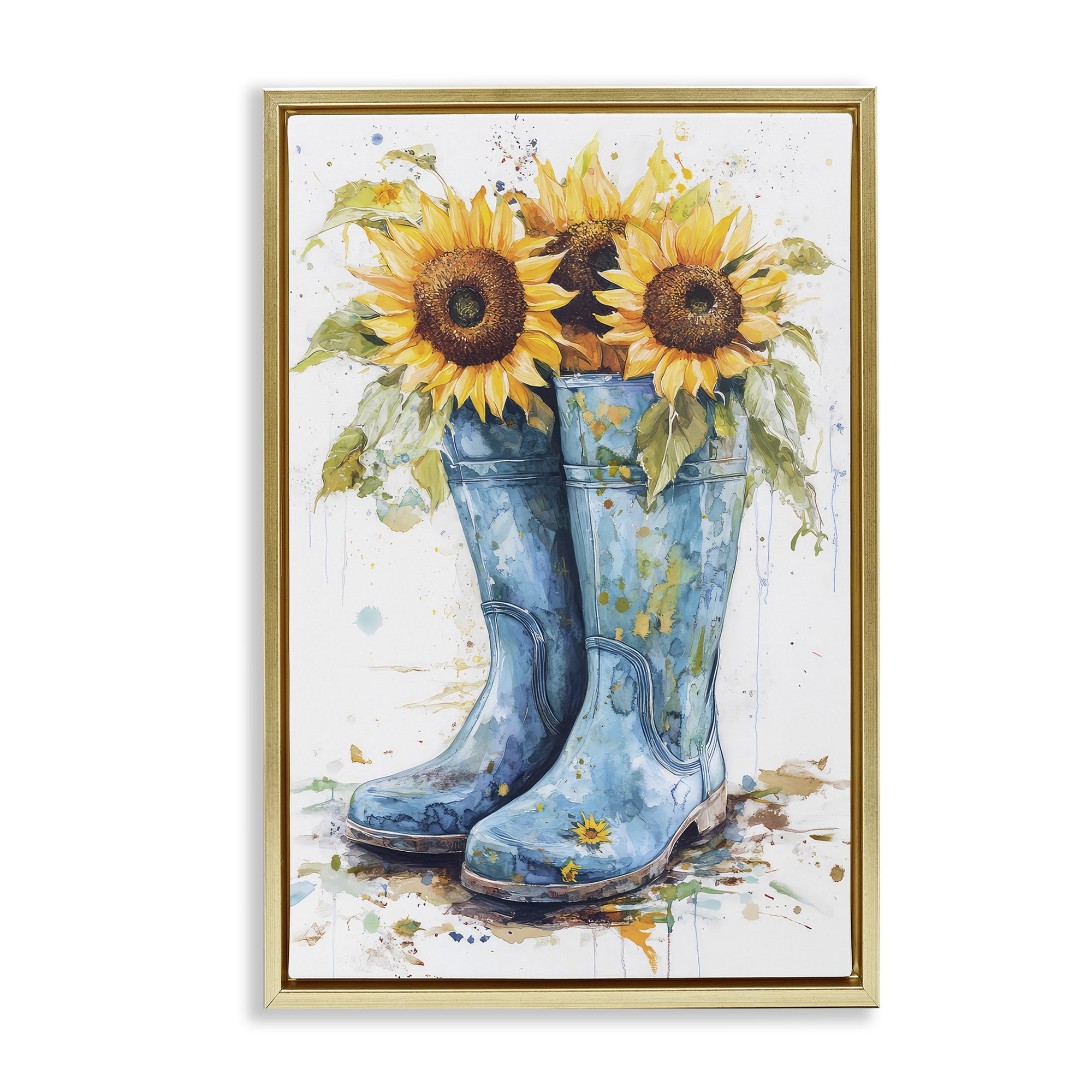 Stupell Industries Blue Rain Boots & Sunflowers Gold Framed Floater Canvas Wall Art, design by Tina LeCour