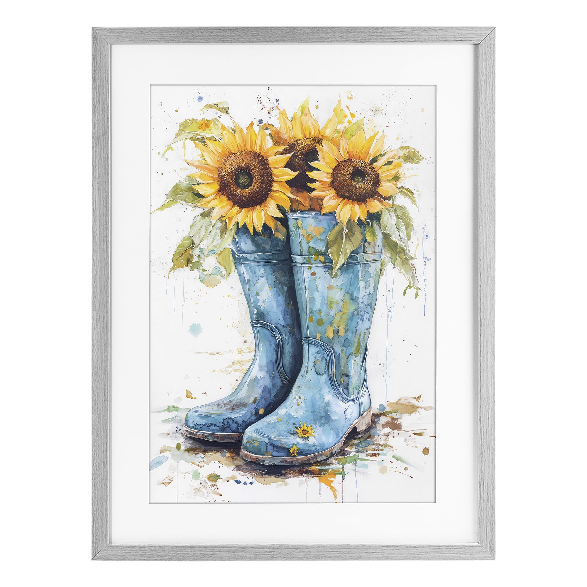 Stupell Industries Blue Rain Boots & Sunflowers Gray Framed Print Under Glass, design by Tina LeCour