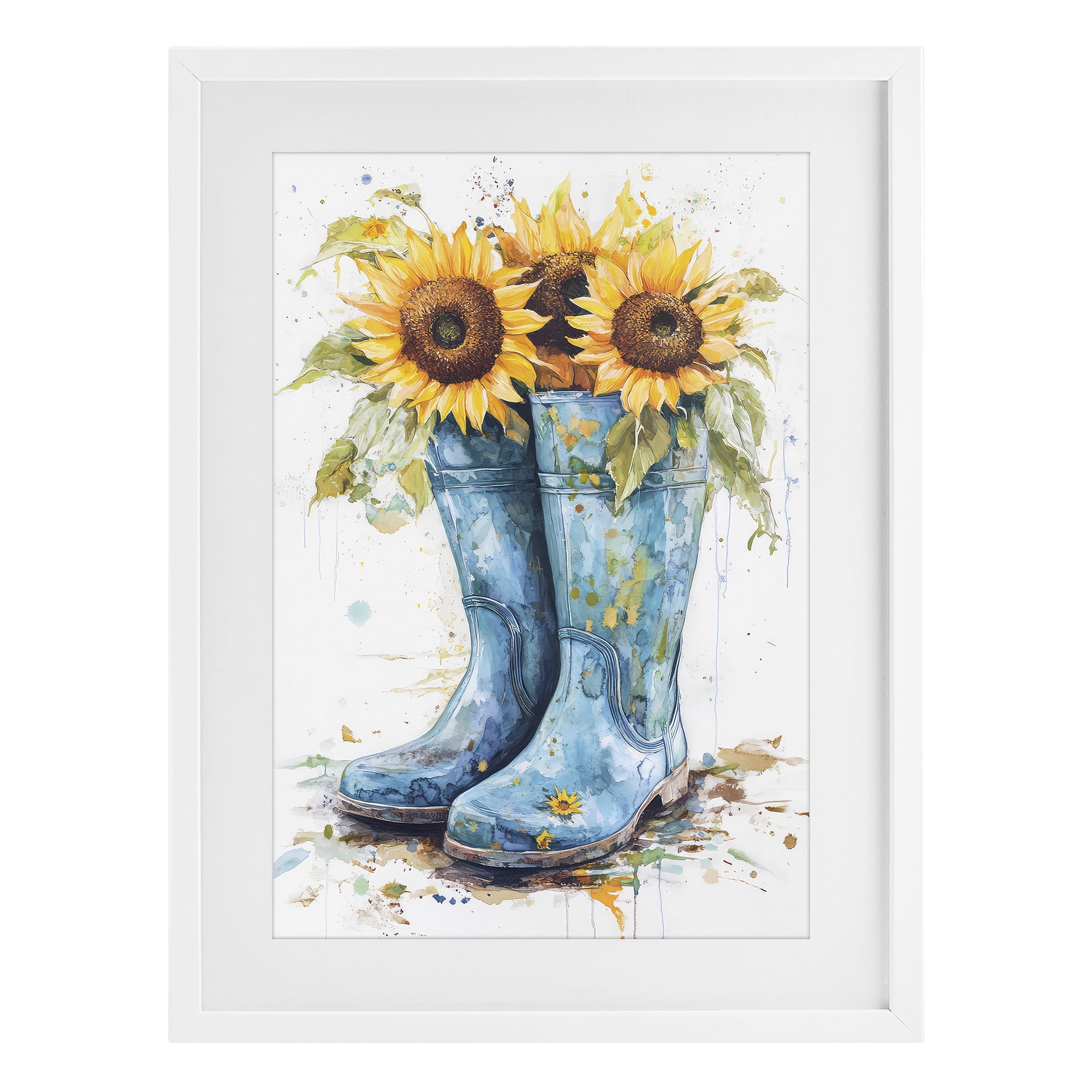 Stupell Industries Blue Rain Boots & Sunflowers White Framed Print Under Glass, design by Tina LeCour