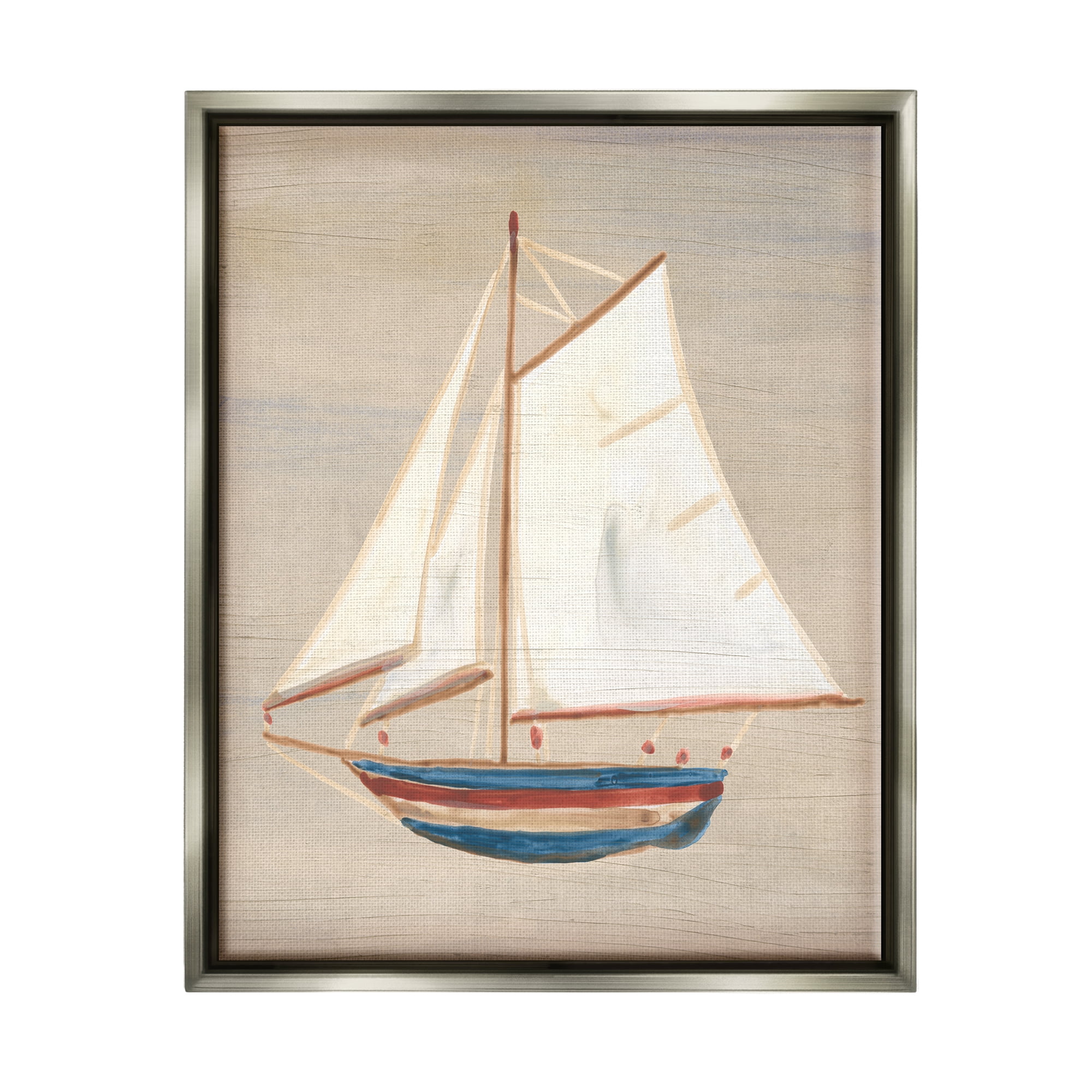 Stupell Industries Blue & Red Sailboat Transportation Painting Gray Floater Framed Canvas Art Print Wall Art, 17 x 21