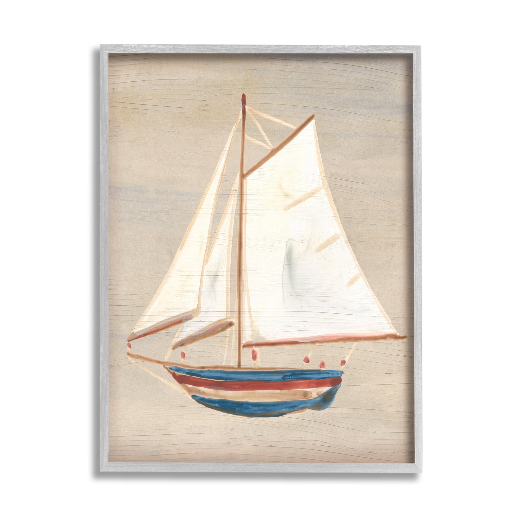 Stupell Industries Blue & Red Sailboat Transportation Painting Gray Framed Art Print Wall Art, 16 x 20