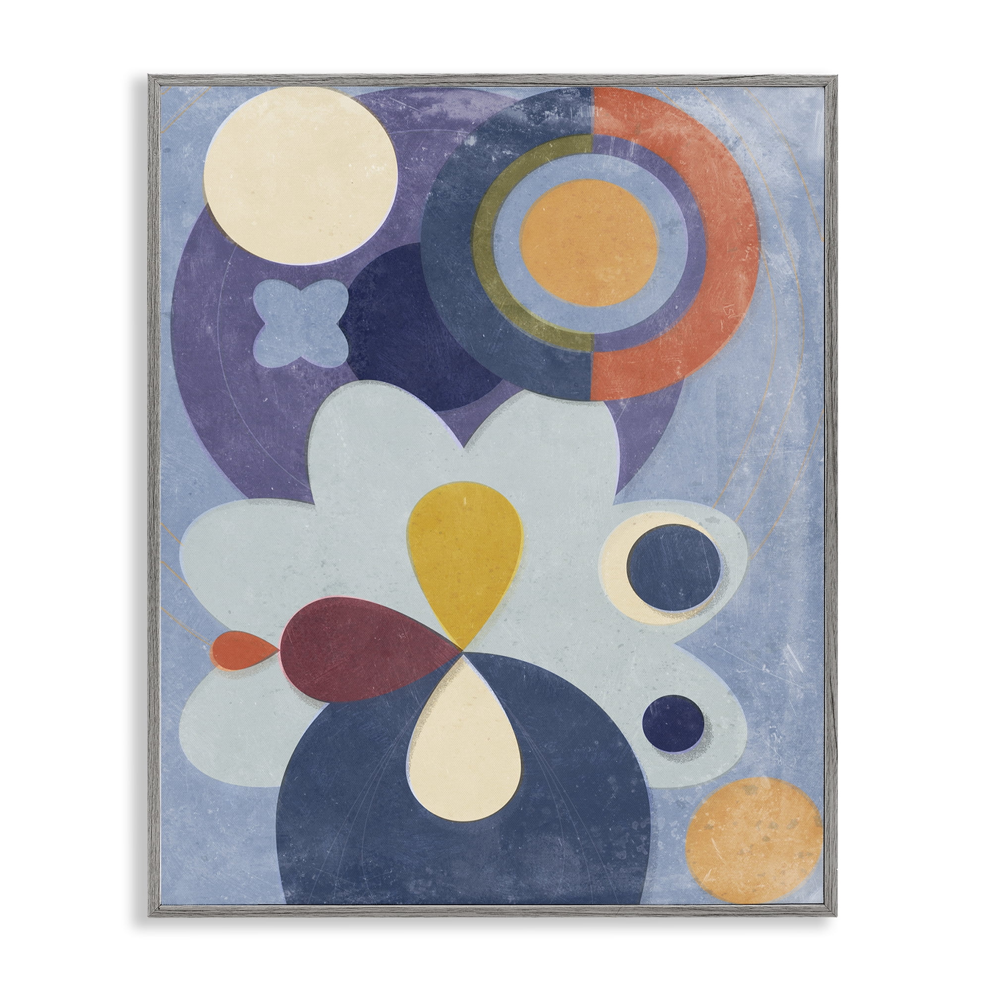 Stupell Industries Blue Retro Shapes Abstract Painting Gray Framed Art Print Wall Art, 24 x 30