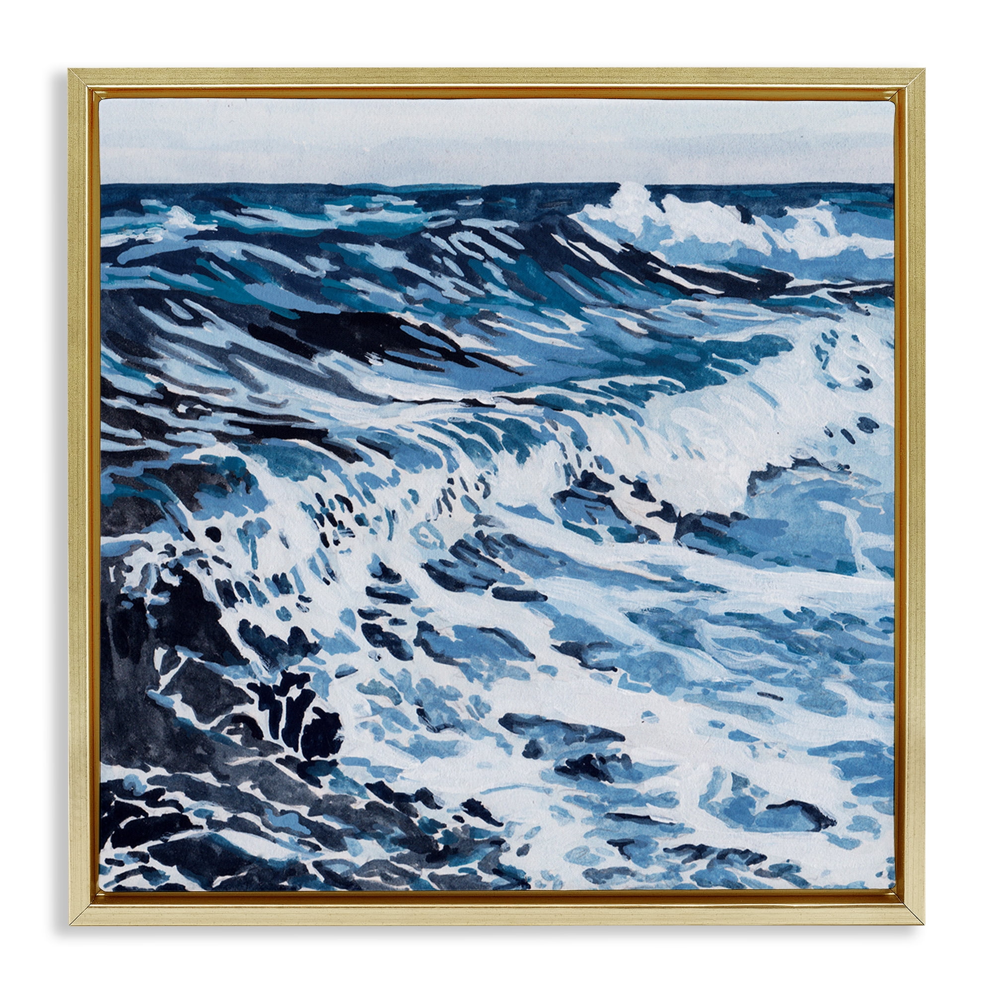 Stupell Industries Blue Rolling Waves Landscape Painting Gold Floater Framed Canvas Art Print Wall Art, 25 x 25