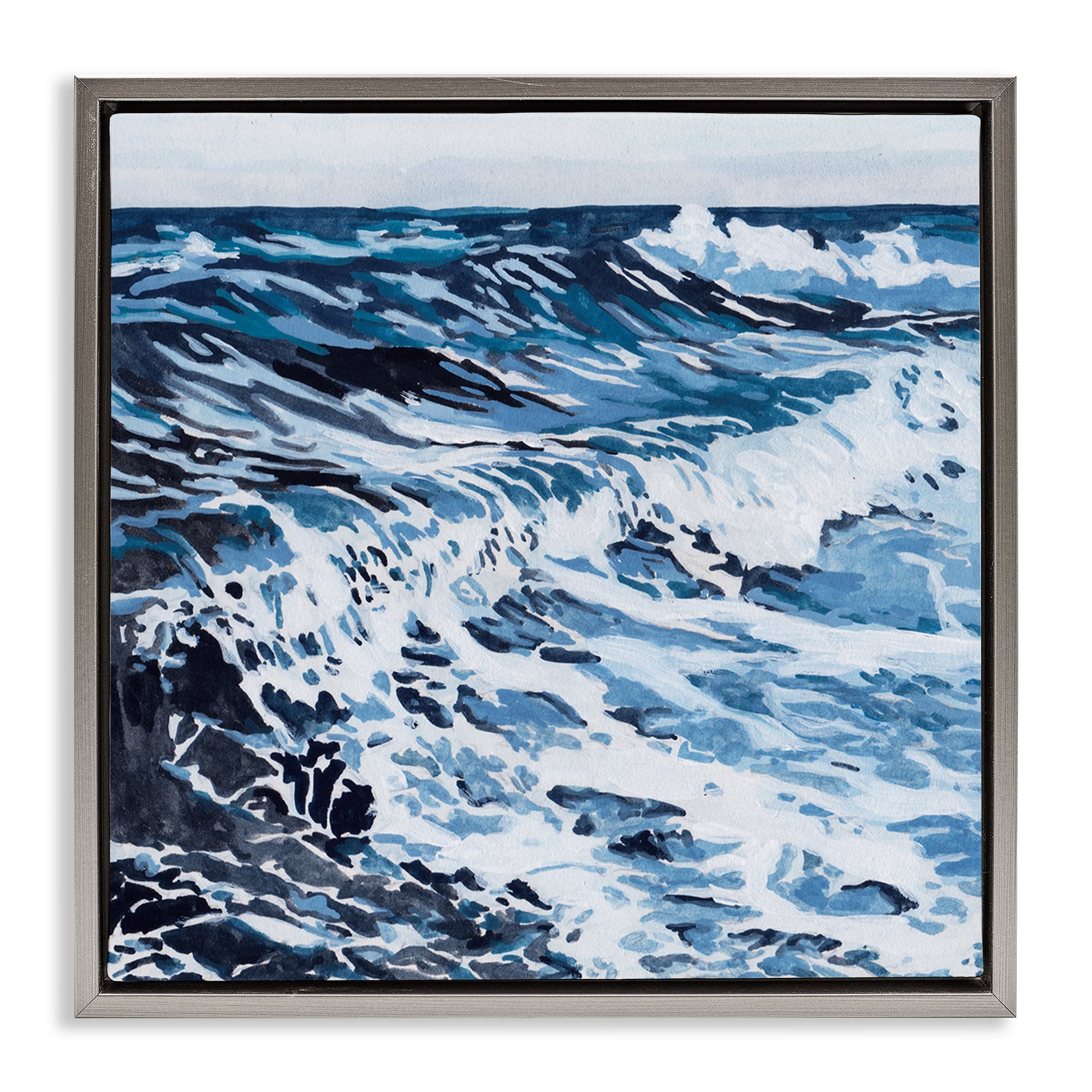 Stupell Industries Blue Rolling Waves Landscape Painting Gray Floater Framed Canvas Art Print Wall Art, 18 x 18