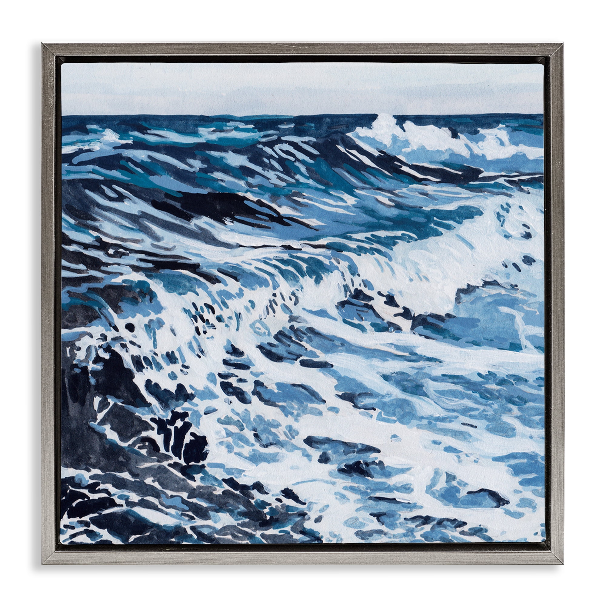 Stupell Industries Blue Rolling Waves Landscape Painting Gray Floater Framed Canvas Art Print Wall Art, 25 x 25