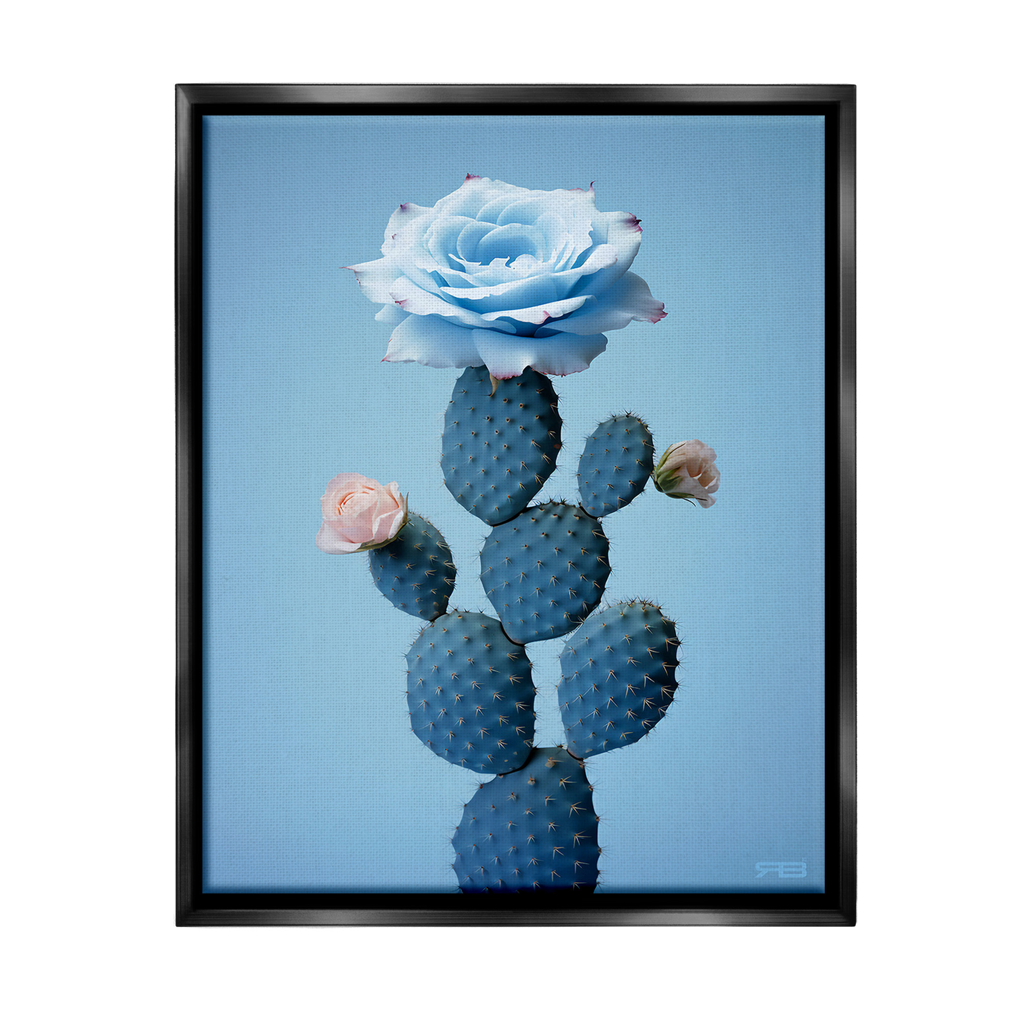 Stupell Industries Blue Rose & Cactus Botanical & Floral Painting Black Floater Framed Canvas Art Print Wall Art, 17 x 21