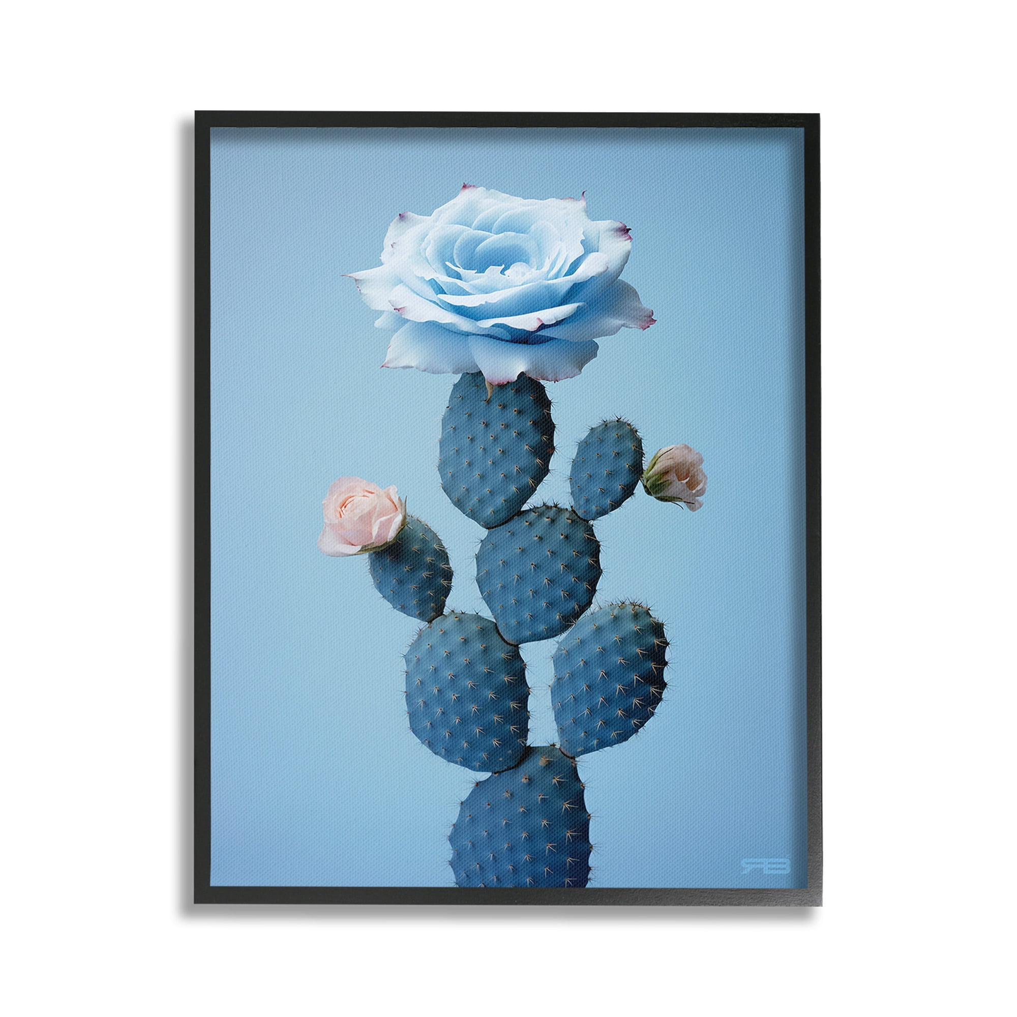 Stupell Industries Blue Rose & Cactus Botanical & Floral Painting Black Framed Art Print Wall Art, 16 x 20