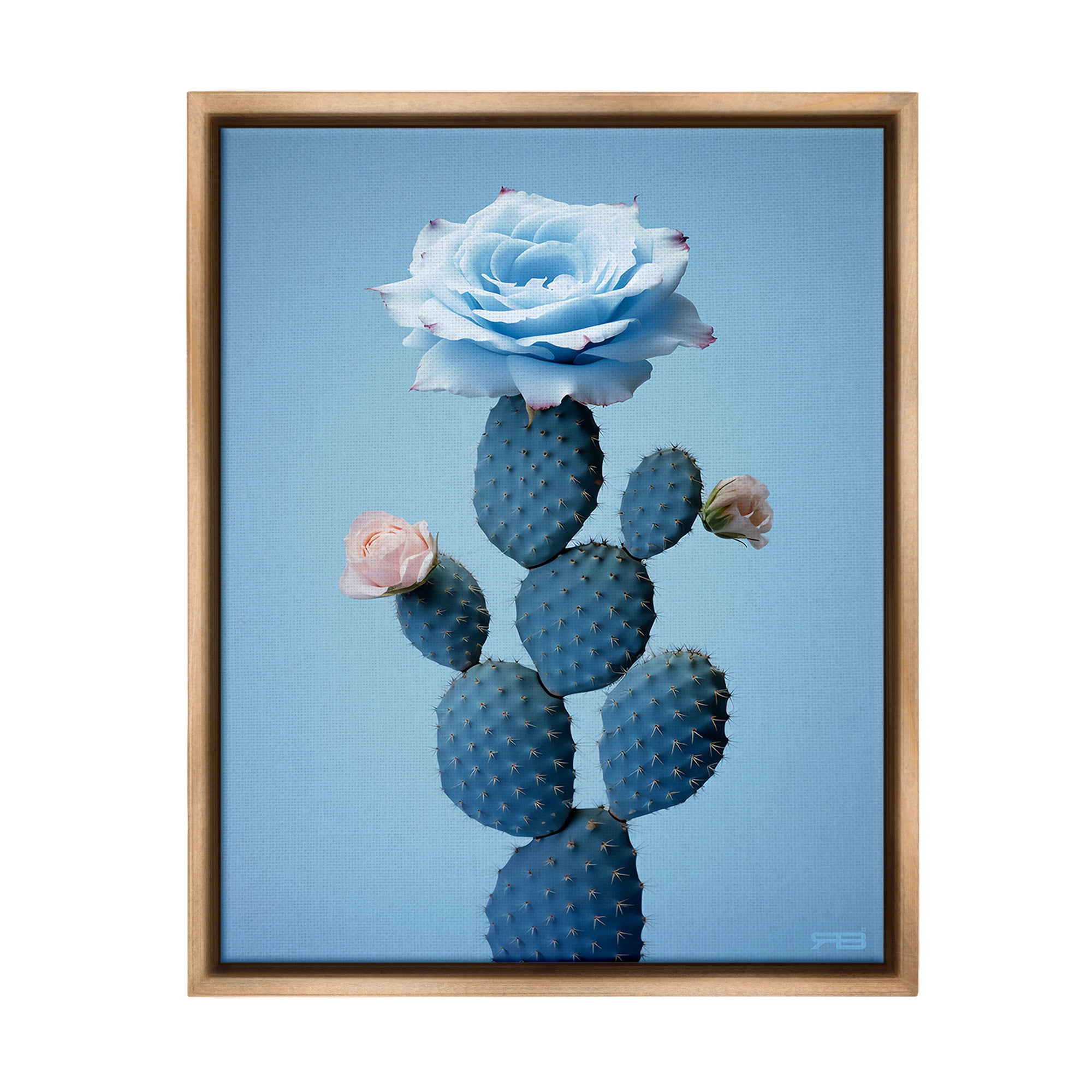 Stupell Industries Blue Rose & Cactus Botanical & Floral Painting Brown Floater Framed Canvas Art Print Wall Art, 17 x 21