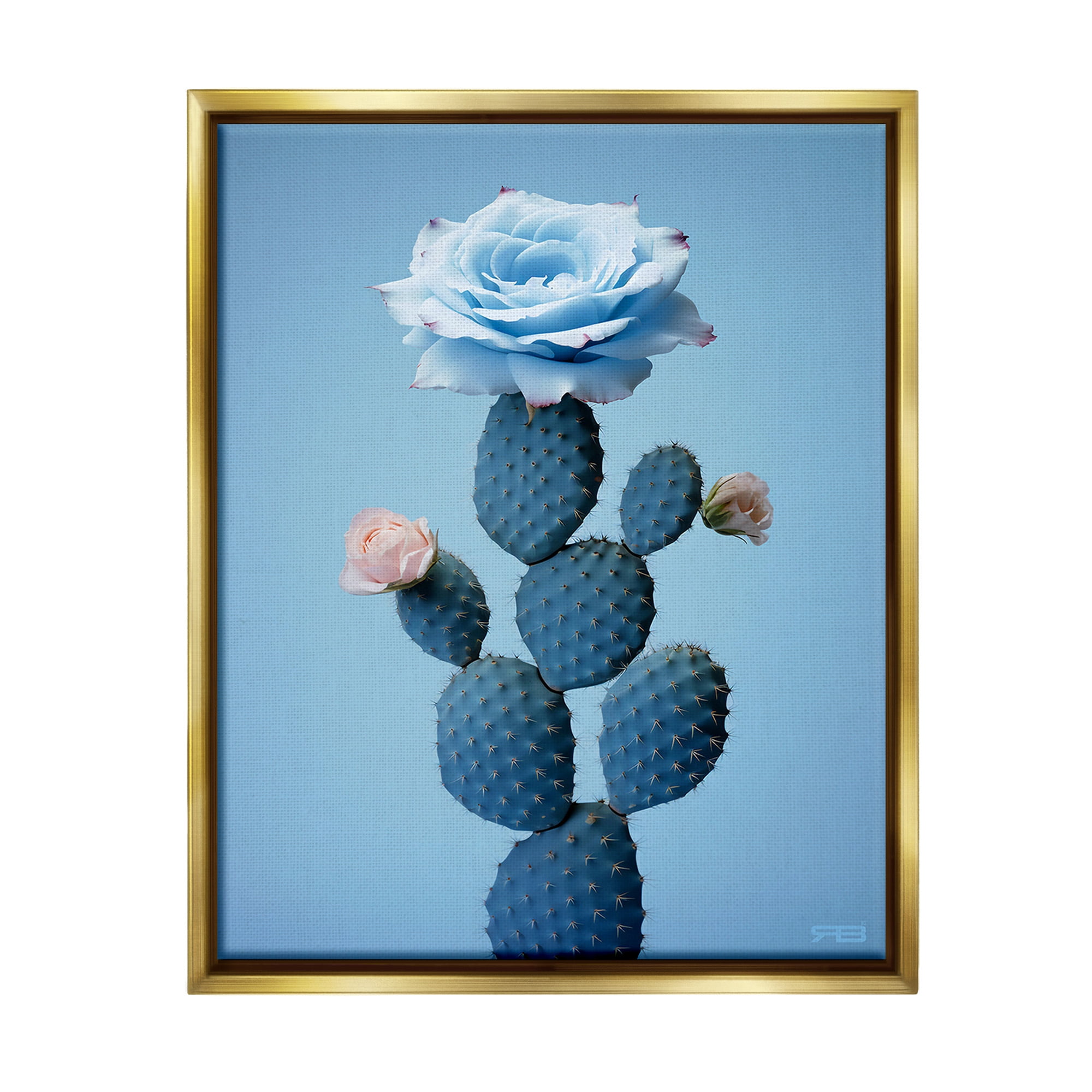 Stupell Industries Blue Rose & Cactus Botanical & Floral Painting Gold Floater Framed Canvas Art Print Wall Art, 25 x 31
