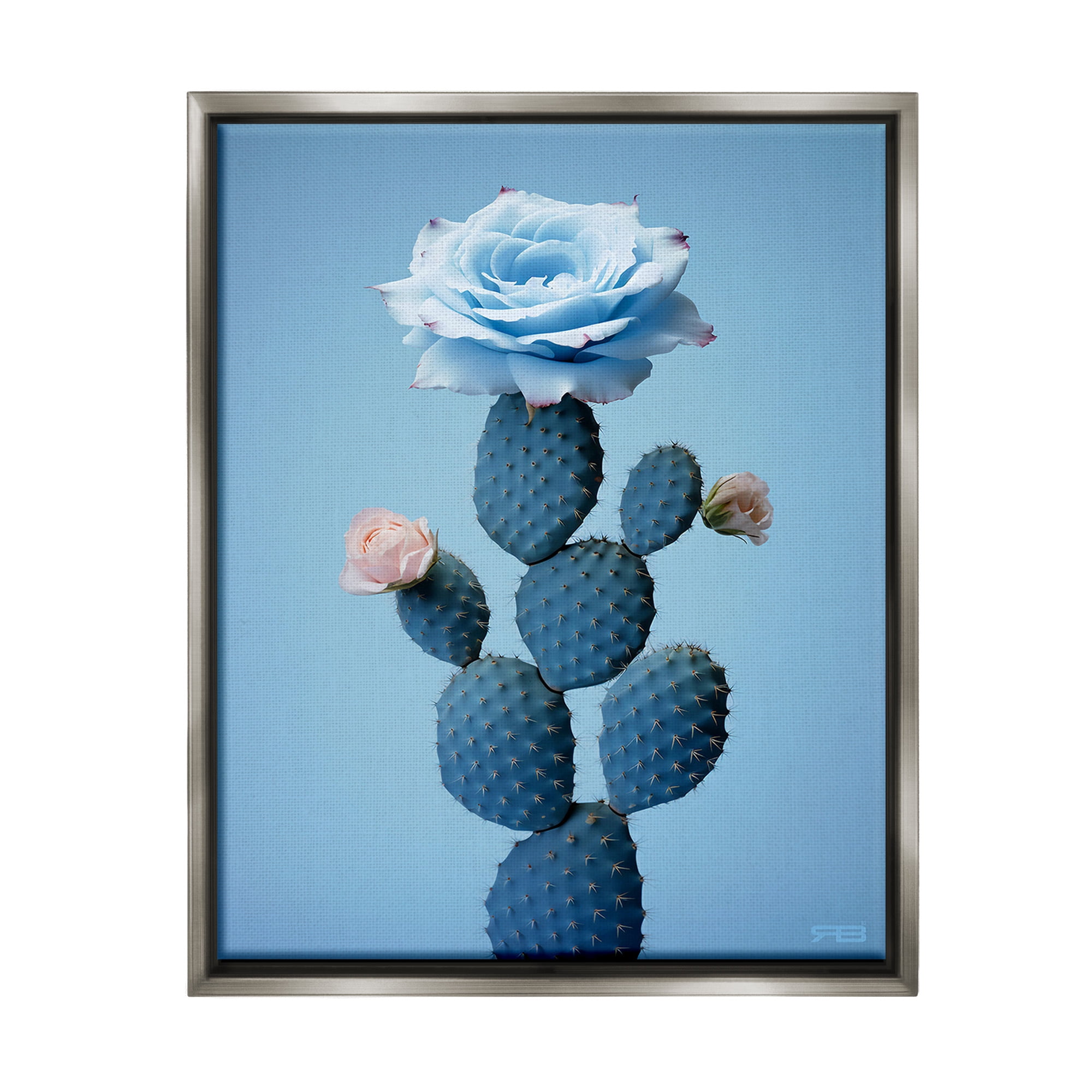 Stupell Industries Blue Rose & Cactus Botanical & Floral Painting Gray Floater Framed Canvas Art Print Wall Art, 17 x 21