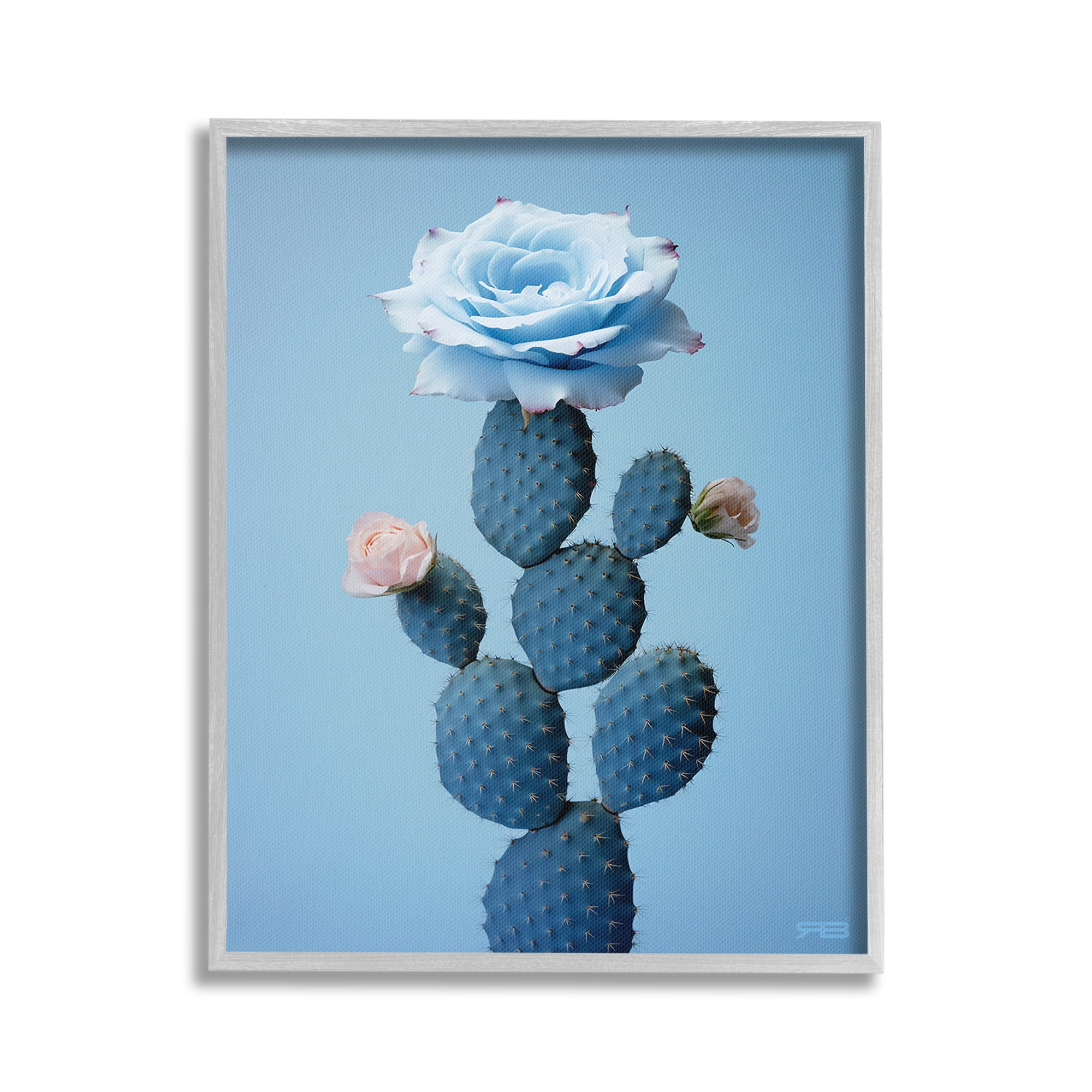 Stupell Industries Blue Rose & Cactus Botanical & Floral Painting Gray Framed Art Print Wall Art, 16 x 20