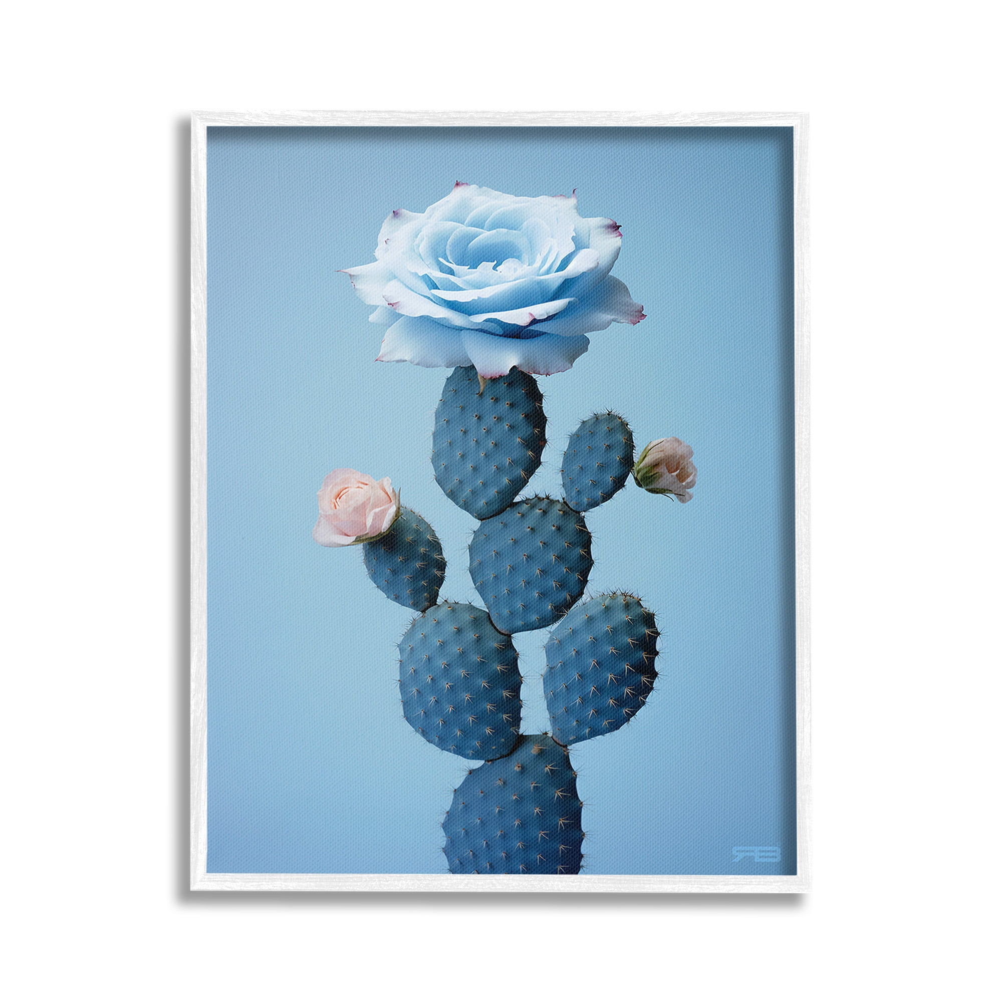 Stupell Industries Blue Rose & Cactus Botanical & Floral Painting White Framed Art Print Wall Art, 24 x 30