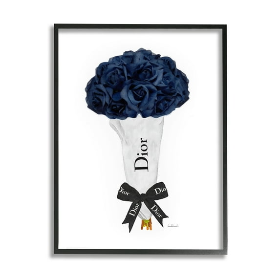 Stupell Industries Blue Rose Floral Bouquet Fashion Glam Bow Glam Painting Black Framed Art Print Wall Art, 11 x 14, Design by Amanda Greenwood
