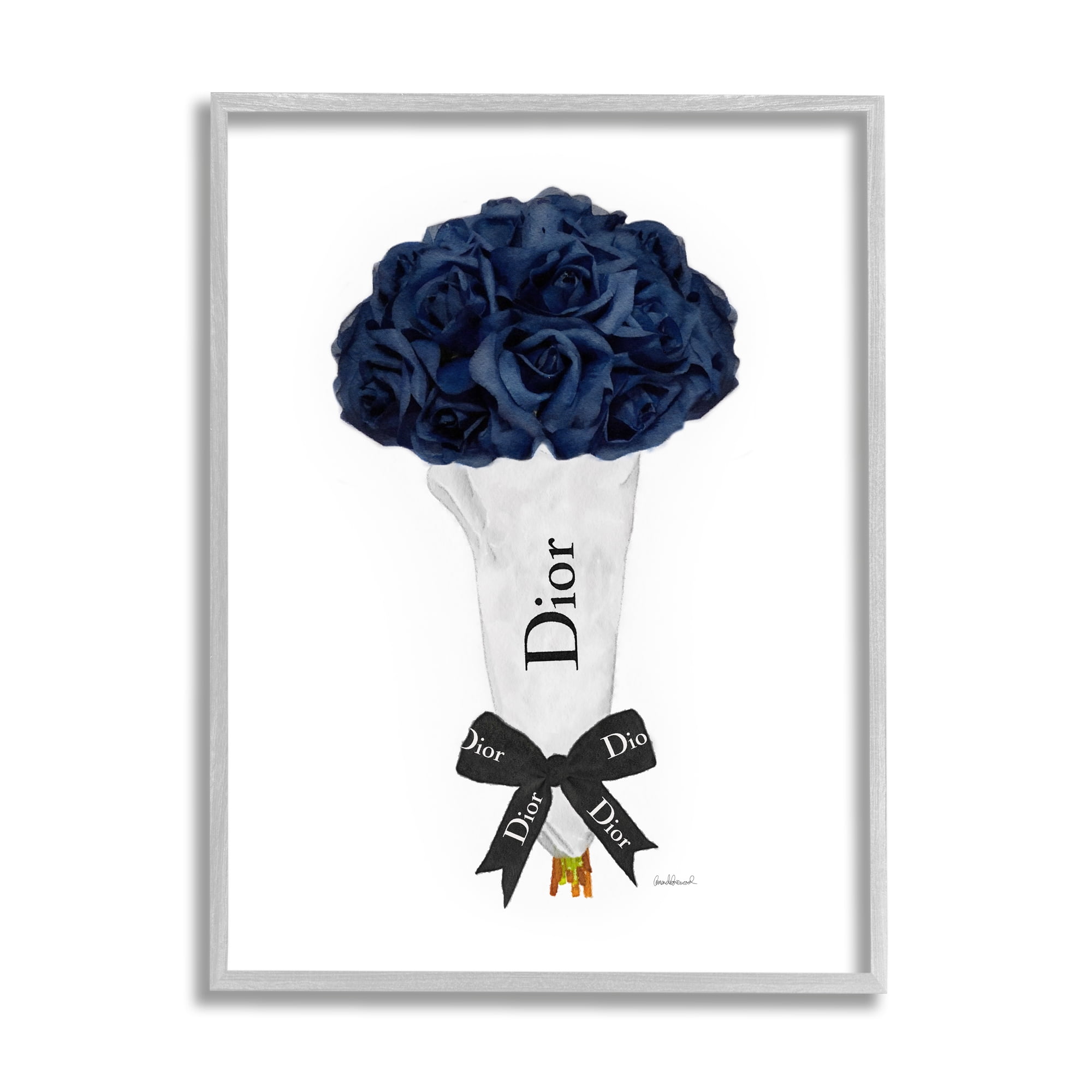 Stupell Industries Blue Rose Floral Bouquet Fashion Glam Bow Glam Painting Gray Framed Art Print Wall Art, 11 x 14, Design by Amanda Greenwood