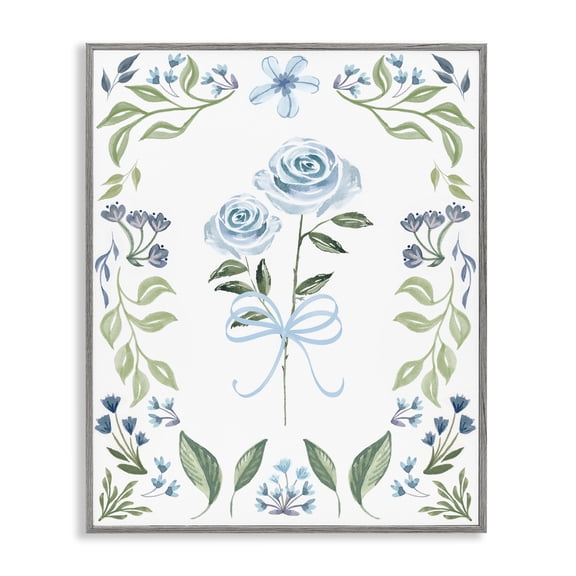 Stupell Industries Blue Roses & Floral Border Floral Painting Gray Framed Art Print Wall Art, 11 x 14