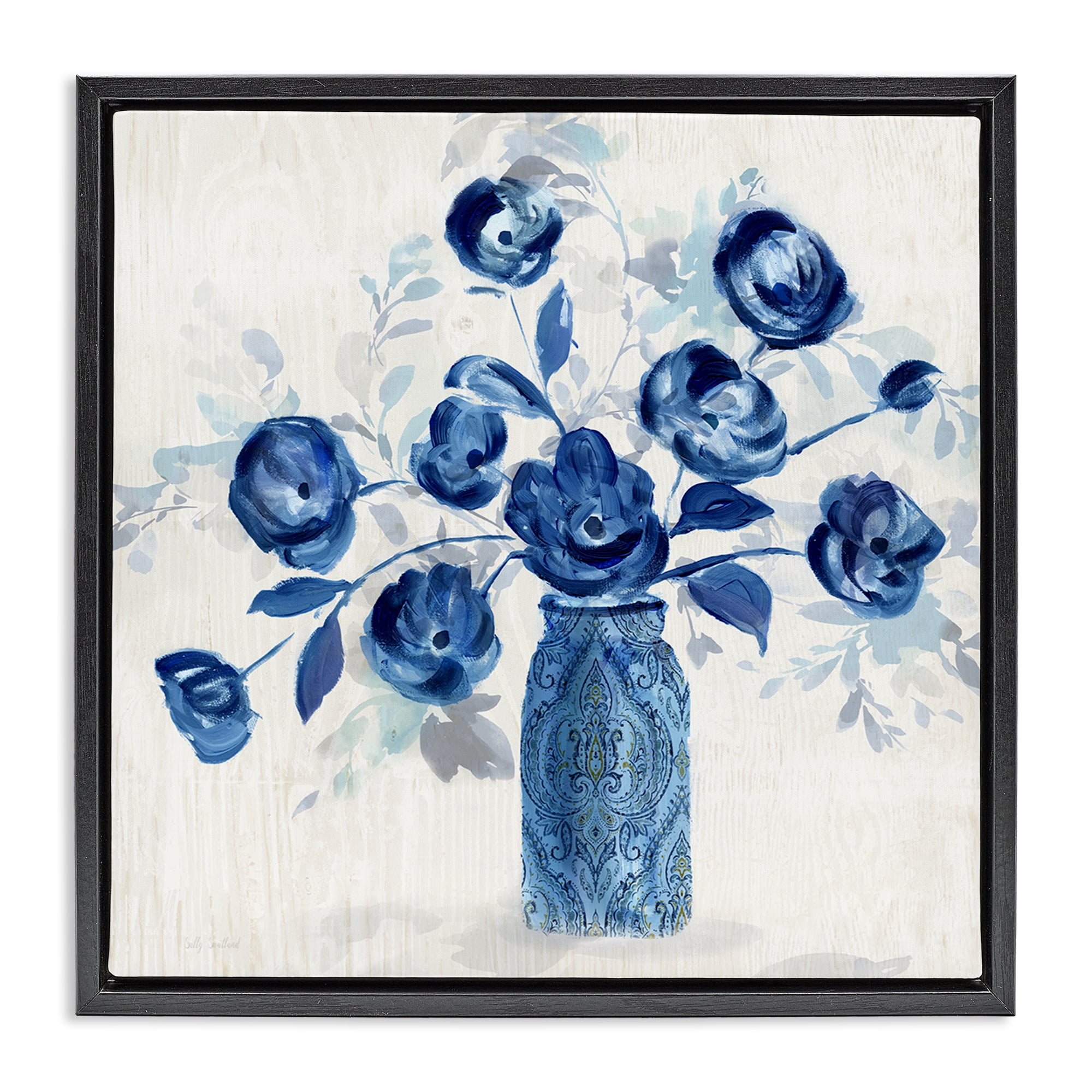 Stupell Industries Blue Roses Ornate Jar Plants & Flowers Painting Black Floater Framed Canvas Art Print Wall Art, 25 x 25