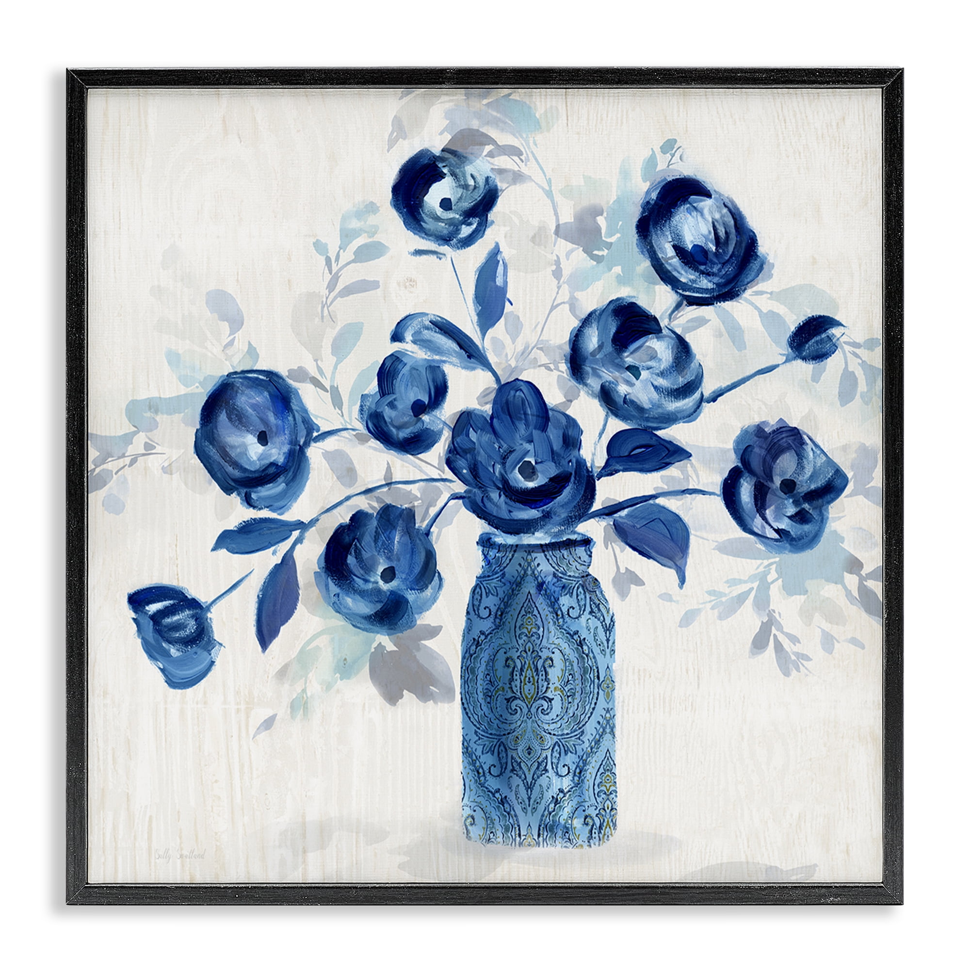 Stupell Industries Blue Roses Ornate Jar Plants & Flowers Painting Black Framed Art Print Wall Art, 17 x 17