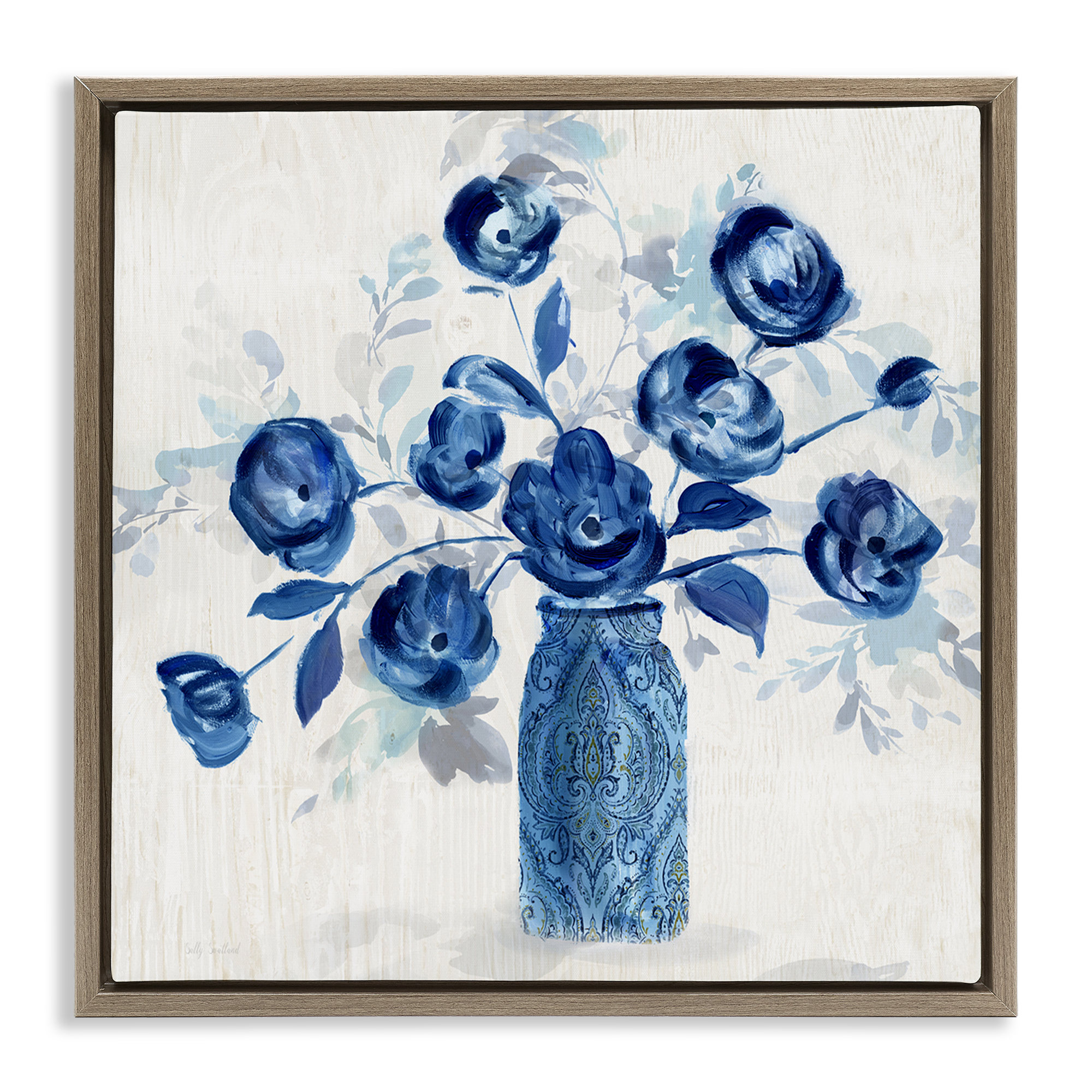 Stupell Industries Blue Roses Ornate Jar Plants & Flowers Painting Brown Floater Framed Canvas Art Print Wall Art, 25 x 25