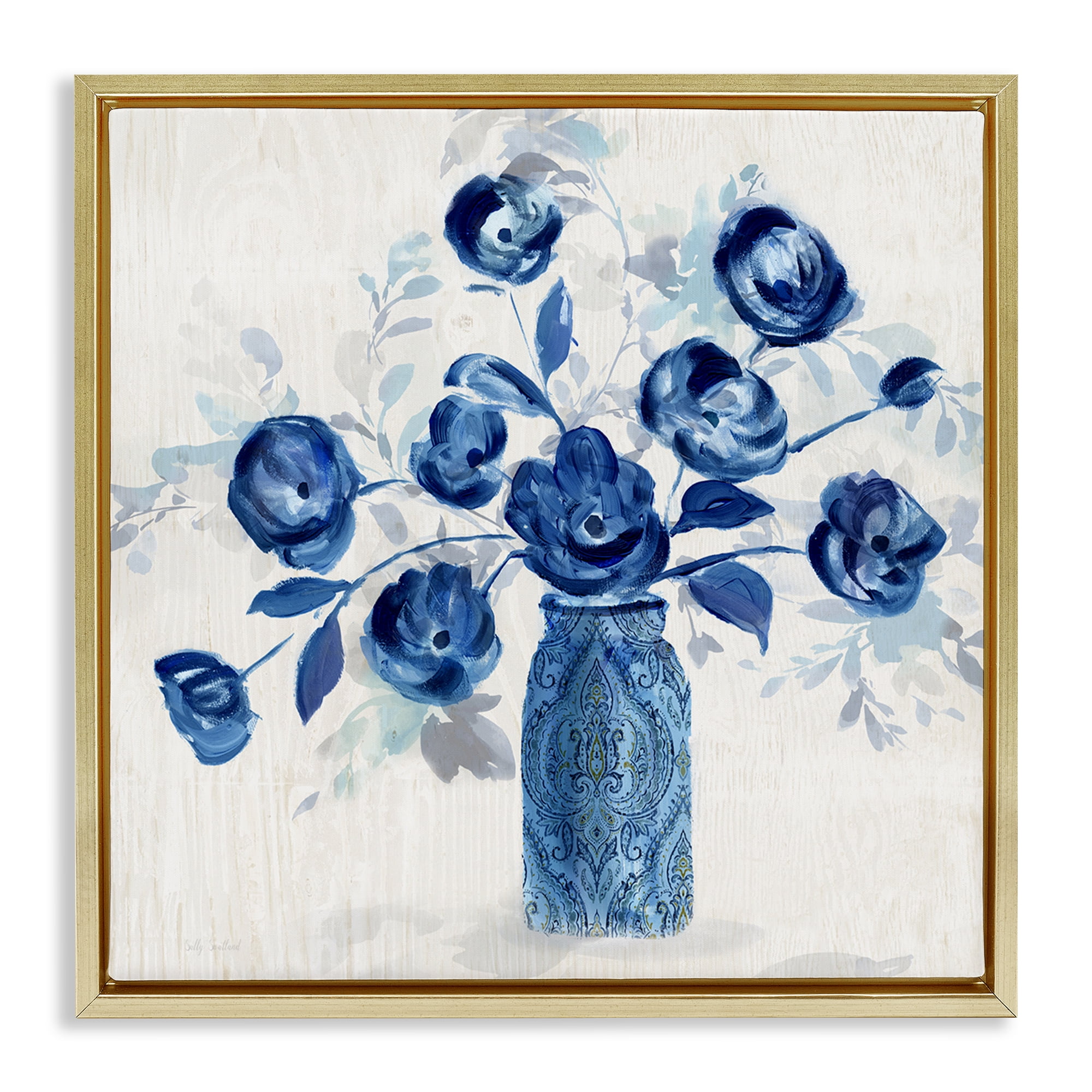 Stupell Industries Blue Roses Ornate Jar Plants & Flowers Painting Gold Floater Framed Canvas Art Print Wall Art, 18 x 18