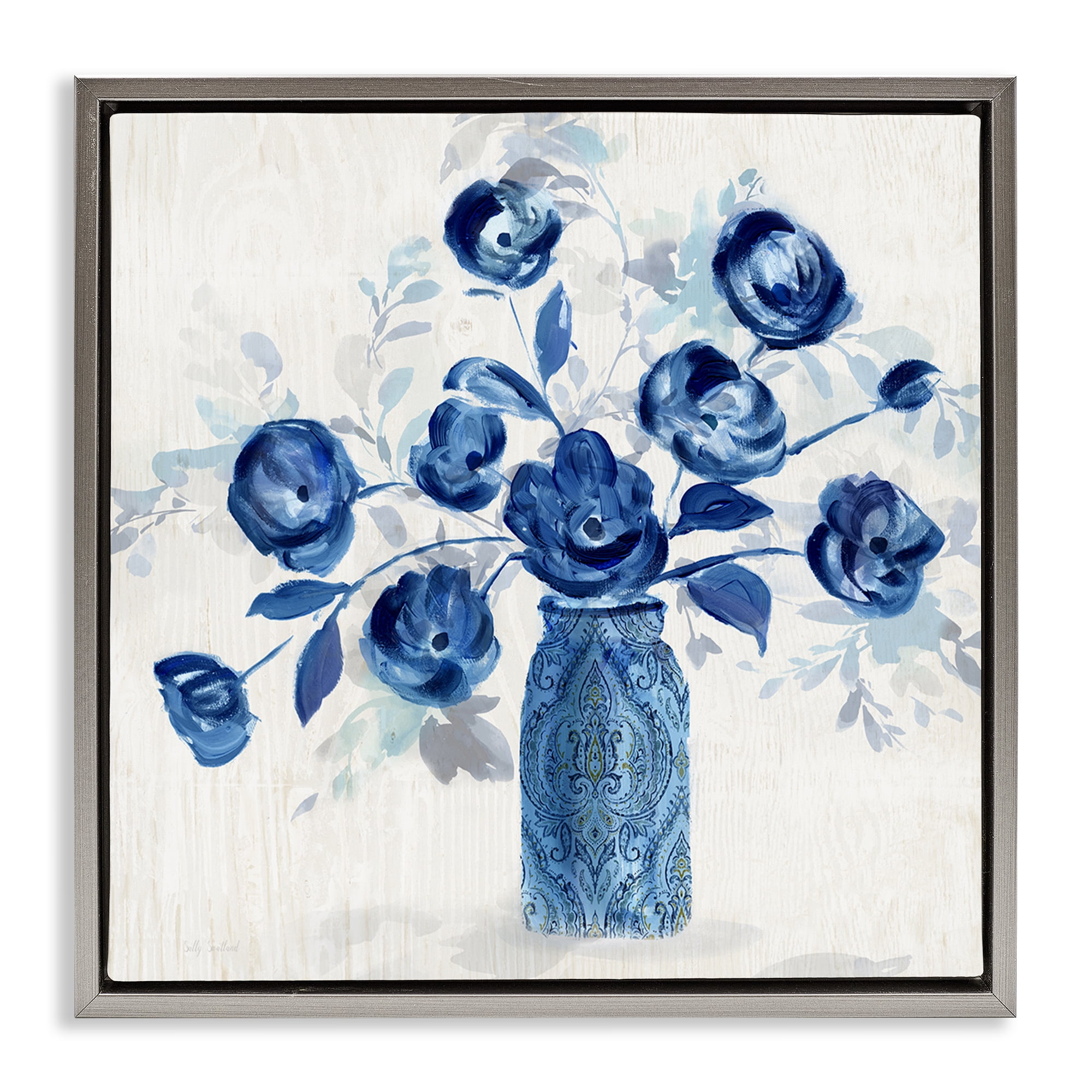 Stupell Industries Blue Roses Ornate Jar Plants & Flowers Painting Gray Floater Framed Canvas Art Print Wall Art, 18 x 18