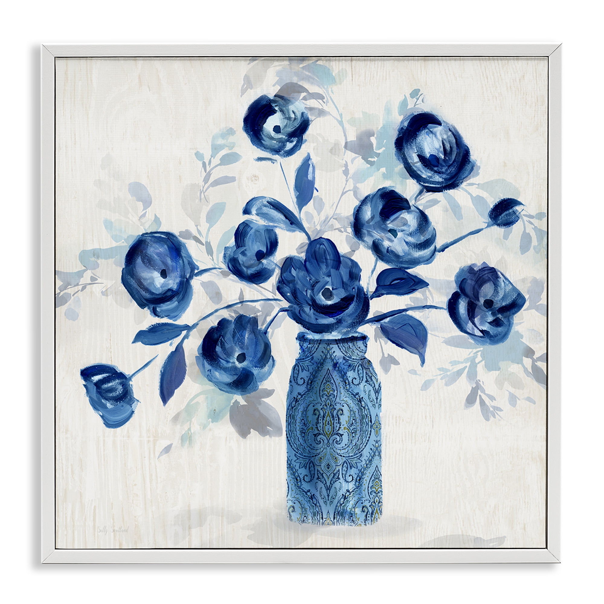 Stupell Industries Blue Roses Ornate Jar Plants & Flowers Painting White Framed Art Print Wall Art, 24 x 24