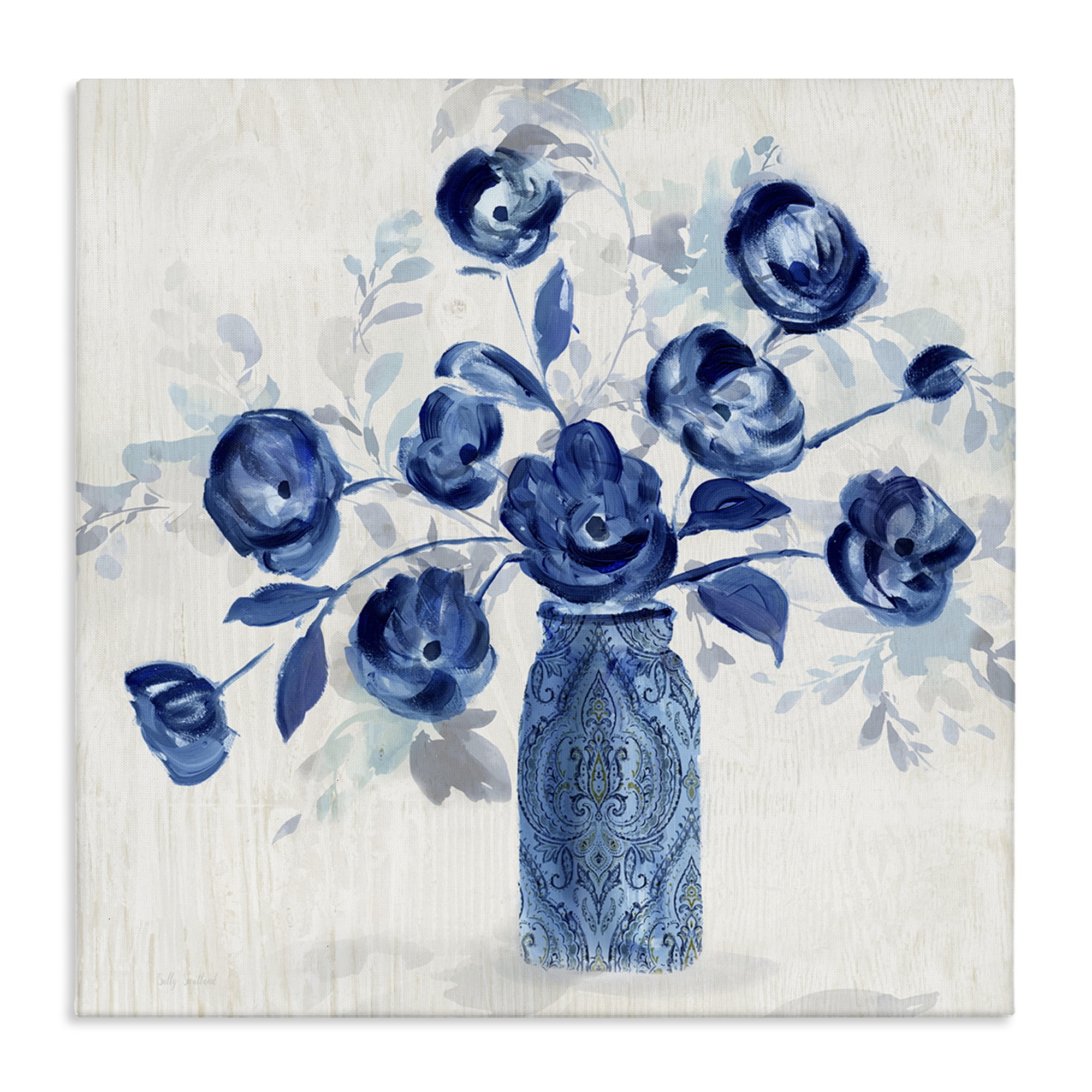 Stupell Industries Blue Roses Ornate Jar Plants & Flowers Painting Wrapped Canvas Art Print Wall Art, 30 x 30
