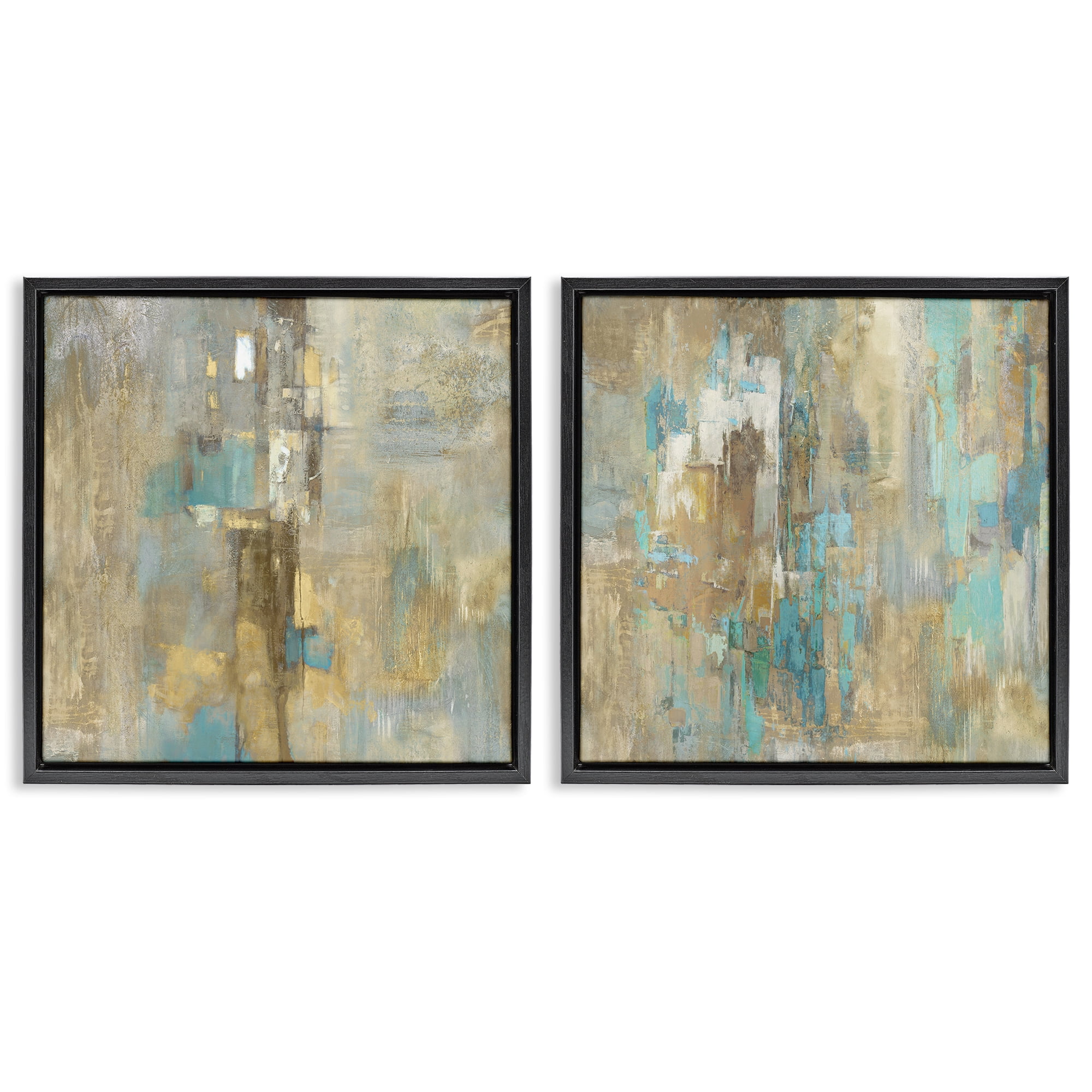 Stupell Industries Blue & Rustic Gold Composition Plants & Flowers Painting Black Floater Framed Canvas Art Print Wall Art, 18 x 18, Set of 2