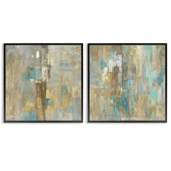 Stupell Industries Blue & Rustic Gold Composition Plants & Flowers Painting Black Framed Art Print Wall Art, 17 x 17, Set of 2