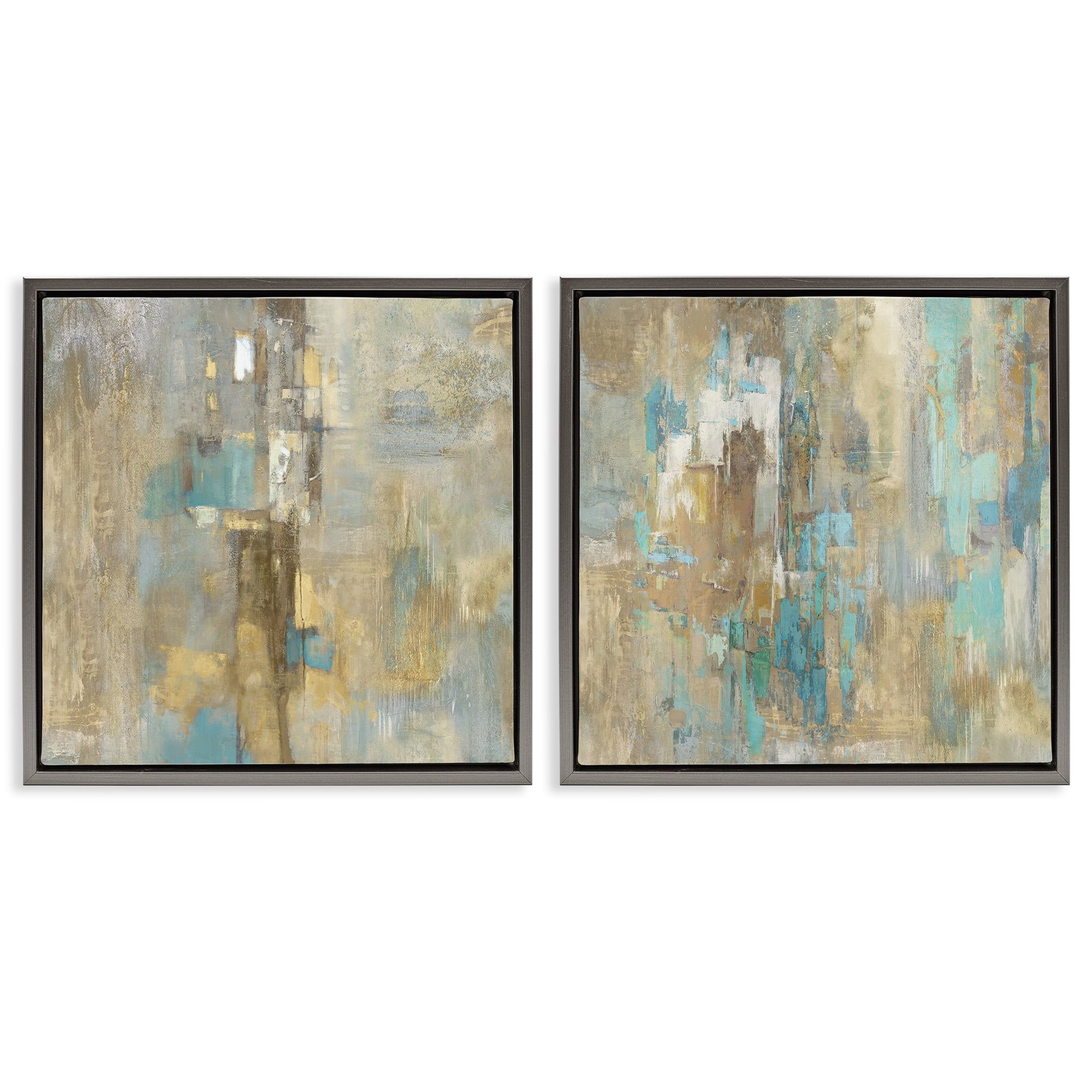 Stupell Industries Blue & Rustic Gold Composition Plants & Flowers Painting Gray Floater Framed Canvas Art Print Wall Art, 18 x 18, Set of 2