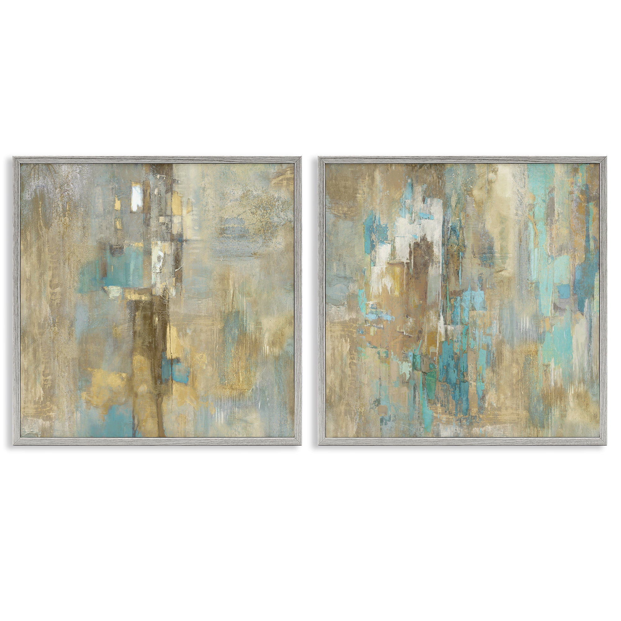 Stupell Industries Blue & Rustic Gold Composition Plants & Flowers Painting Gray Framed Art Print Wall Art, 17 x 17, Set of 2