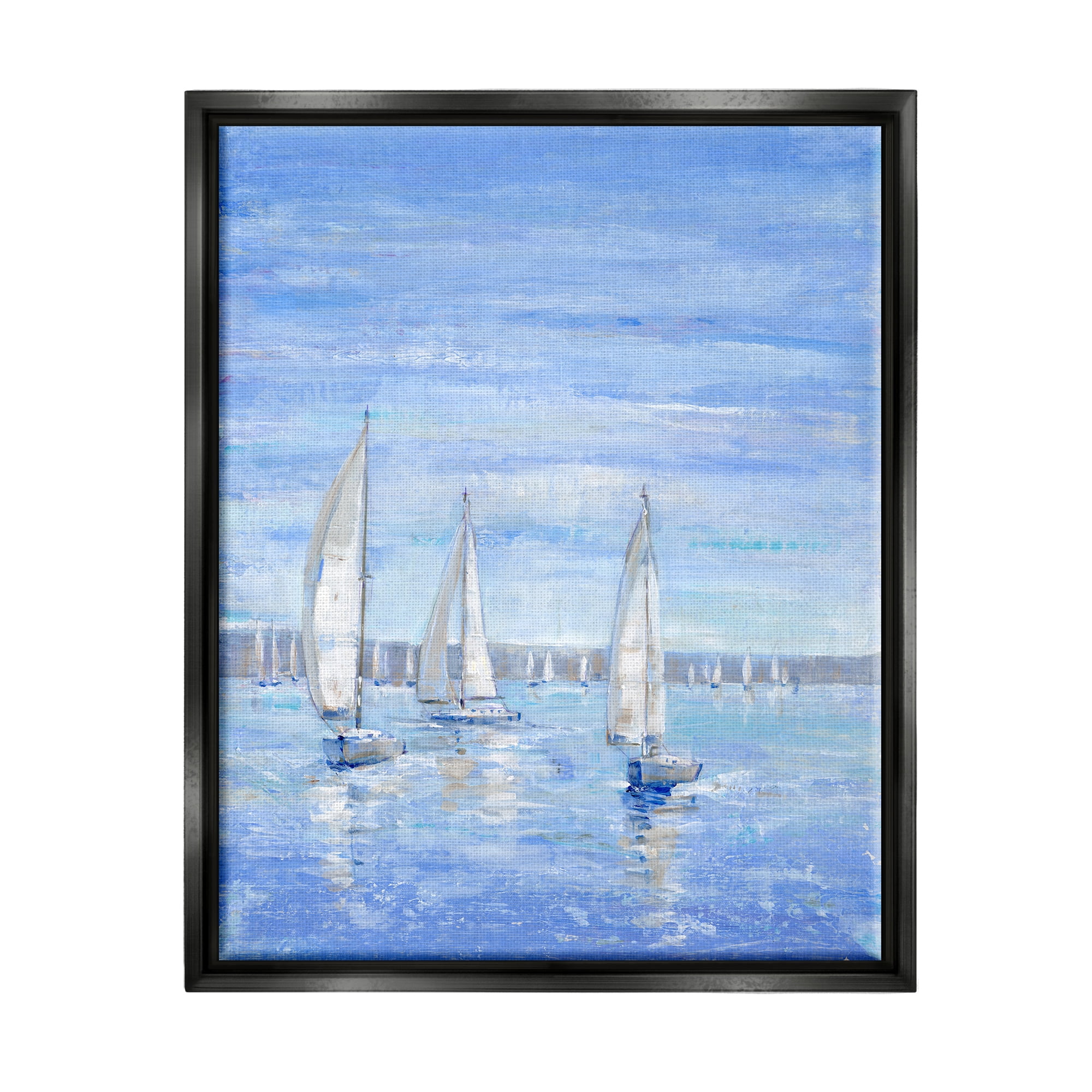 Stupell Industries Blue Sailboat Fleet Transportation Painting Black Floater Framed Canvas Art Print Wall Art, 17 x 21