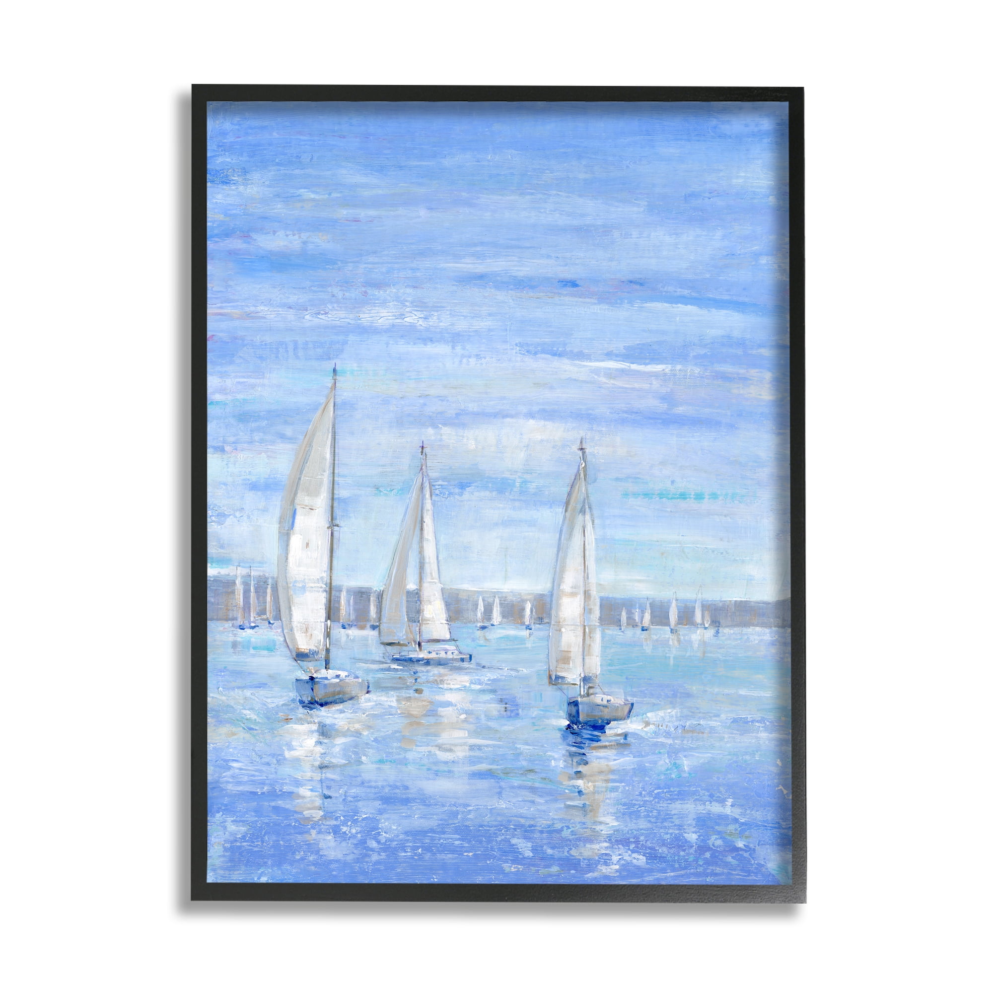 Stupell Industries Blue Sailboat Fleet Transportation Painting Black Framed Art Print Wall Art, 16 x 20